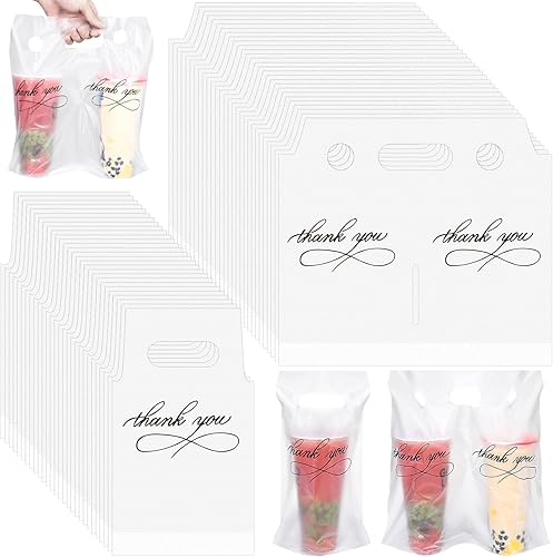 MJOGGOTT Paquete de 500 bolsas de plástico transparente para beber, portavasos con asa, soporte desechable de agradecimiento para bebidas, café