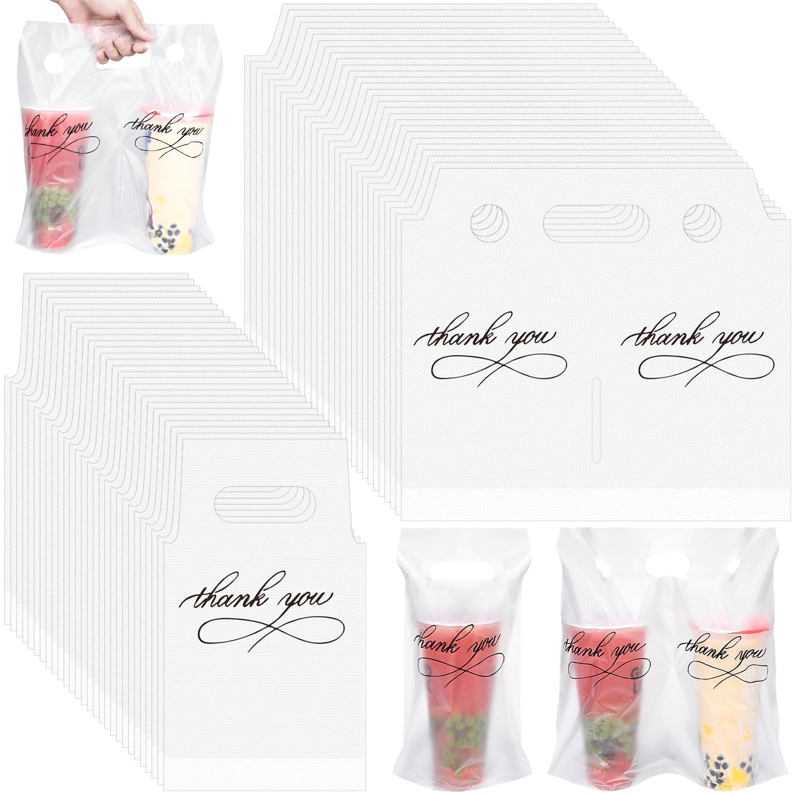 MJOGGOTT 500 Pack Clear Plastic Drinking Bags, Cup Carrier with Handle, Thank You Disposable Cup Holder for Drinks Beverage, Coffee, Juice, Stores,