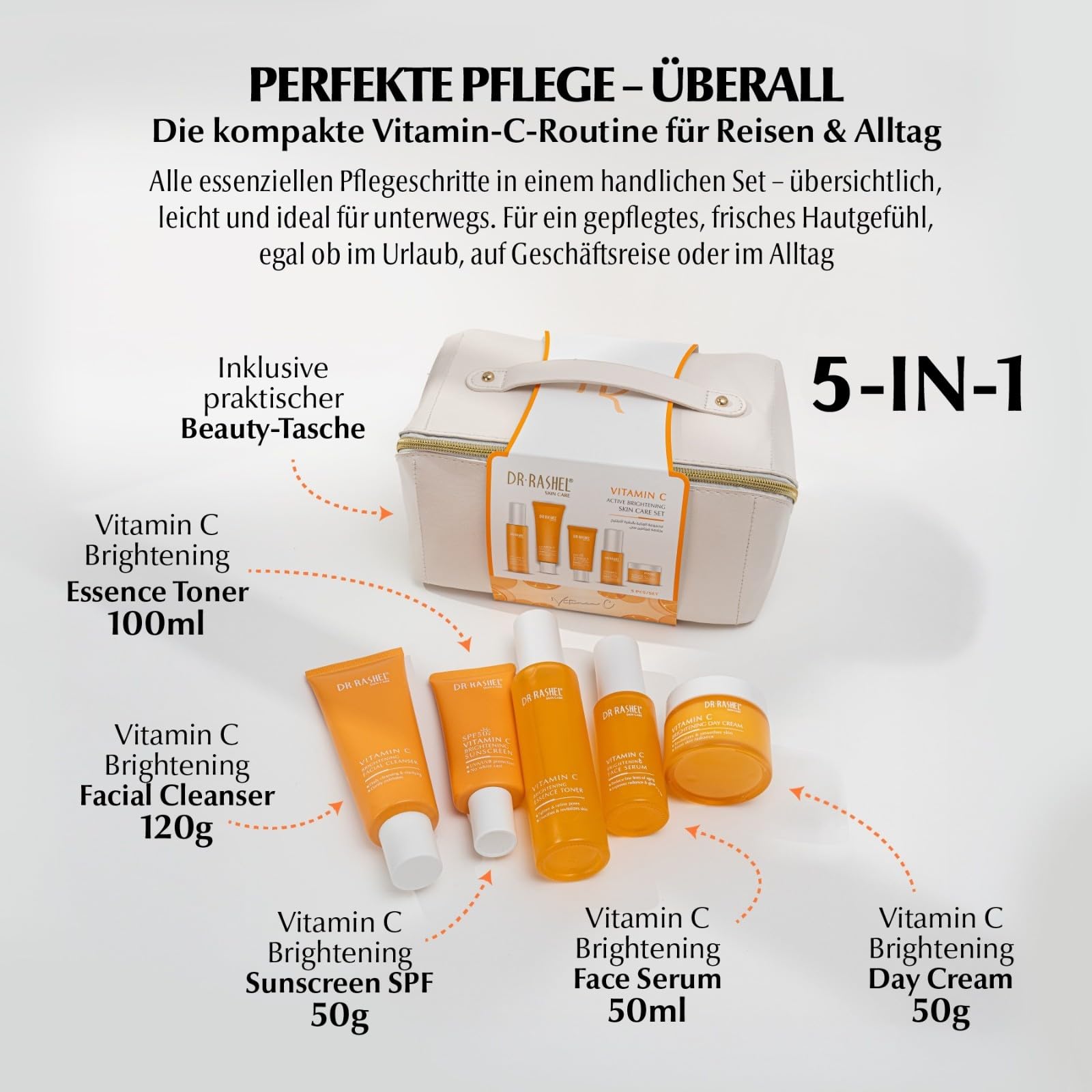 Vitamin C Gesichtspflege Set 5-teilig - Anti-Falten Hautpflege mit Serum, Tagescreme, Nachtcreme, Reinigungsgel, Toner + SPF 50 Sonnenschutz - Anti-Aging, Hautpflege, Skincare Set, Geschenkset Damen
