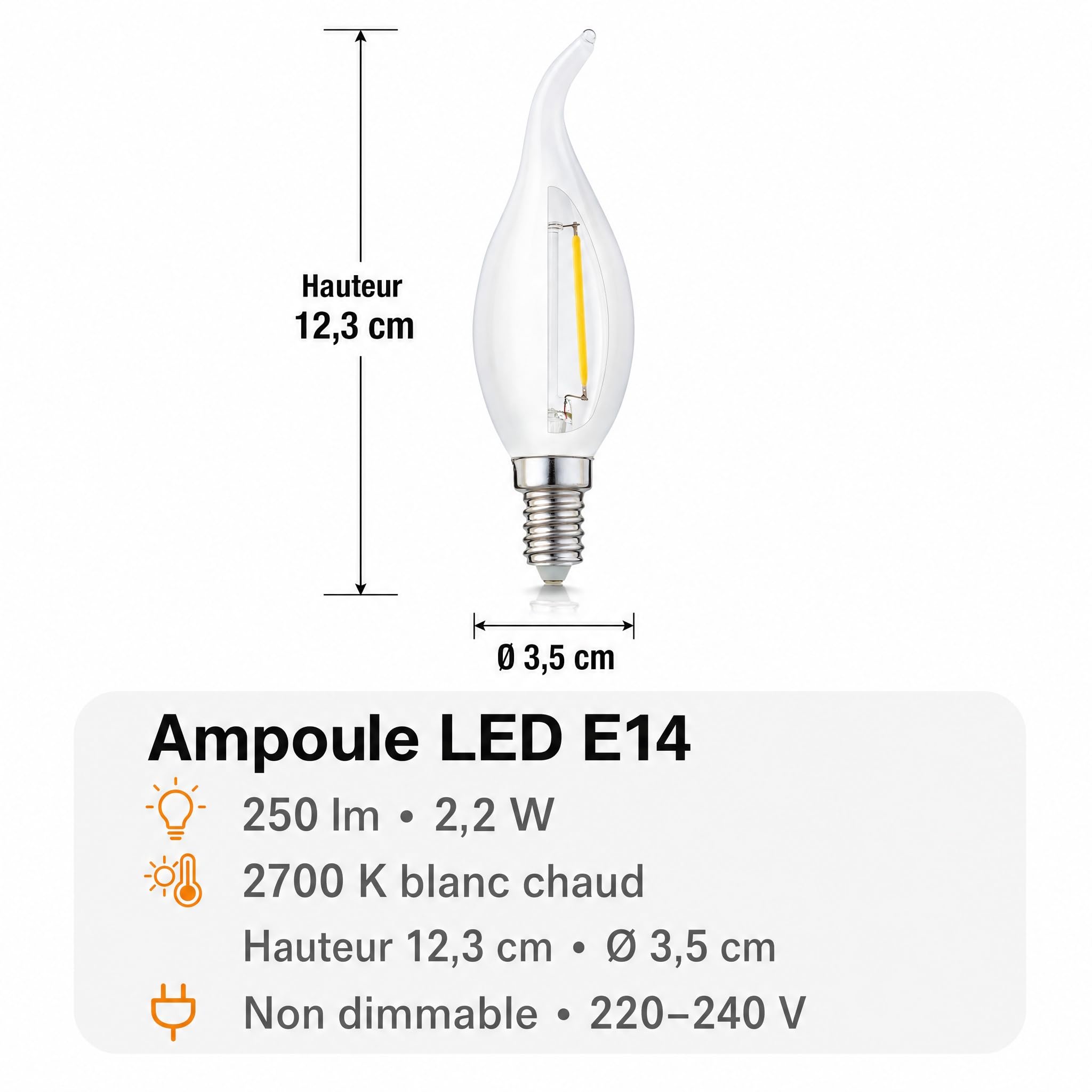 Hellum Ampoules LED E14, Lot de 10, Ampoule E14 LED blanc chaud à Forme Bougie Flamme, 250 lm, 2,2 W (équiv. à lampe incandescence 25 W), 2700 K blanc chaud, Sans scintillement, Verre opale 207408