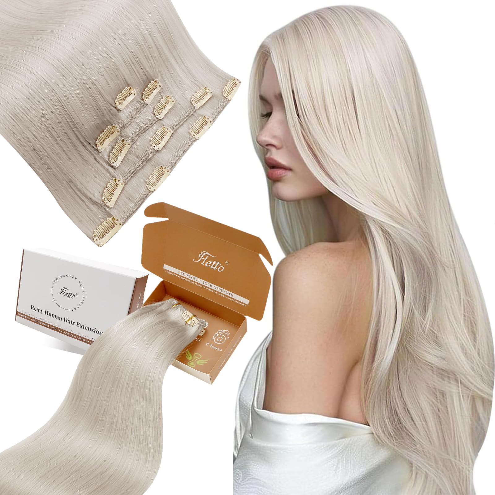 Hetto Blonde Clip in Hair Extensions Human Hair Clip in Extensions Real Human Hair Extensions Clips ins Platinum Blonde Full Head 16 Inch 120g 7pcs