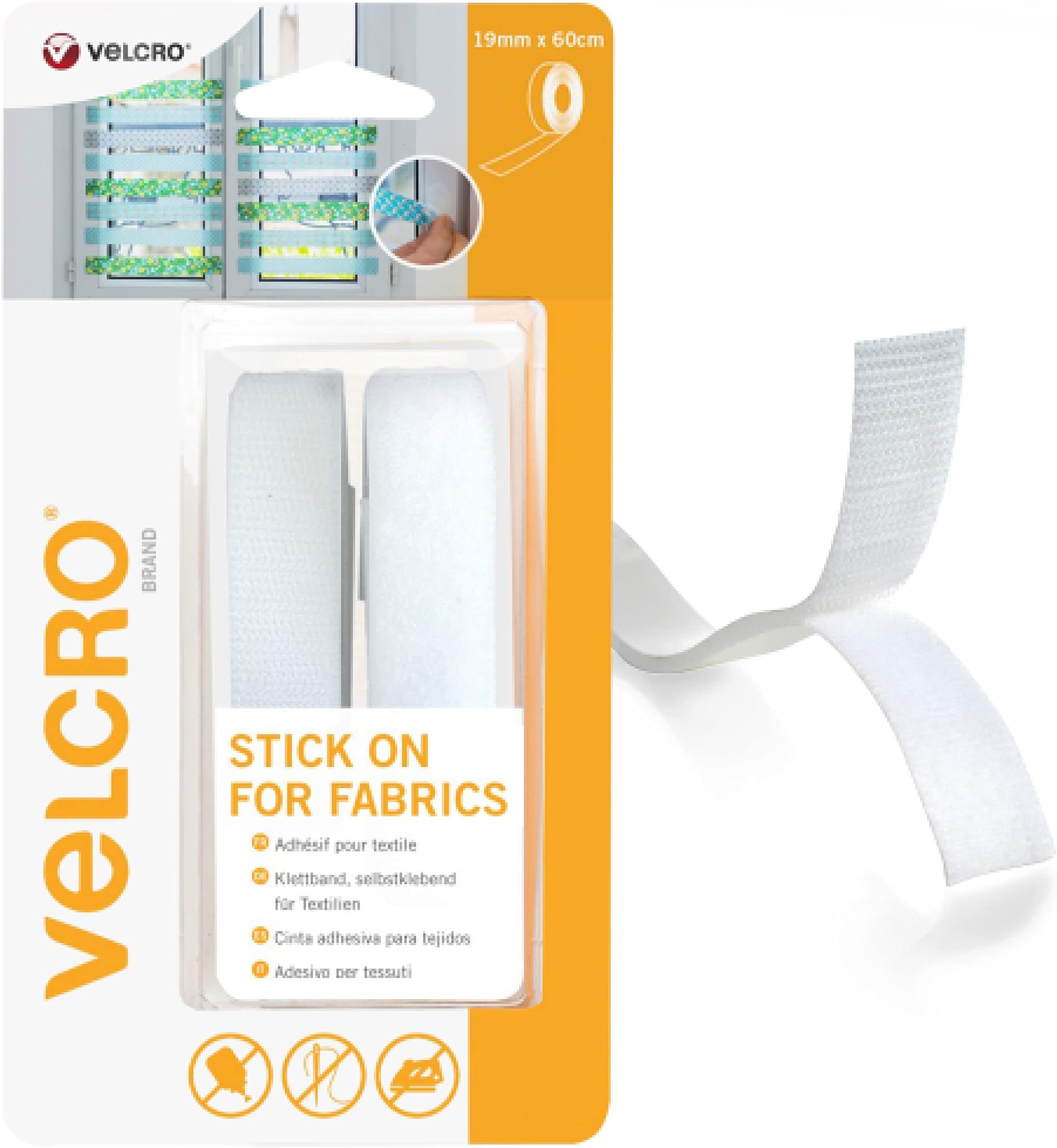 VELCRO BRAND White Stick On Fabric Tape - 19mm x 60cm - Multipurpose No-Sew Hook and Loop Fabric Adhesive with Sticky Back - Perfect Solution for Secure Repairs, Clothing & Hemming