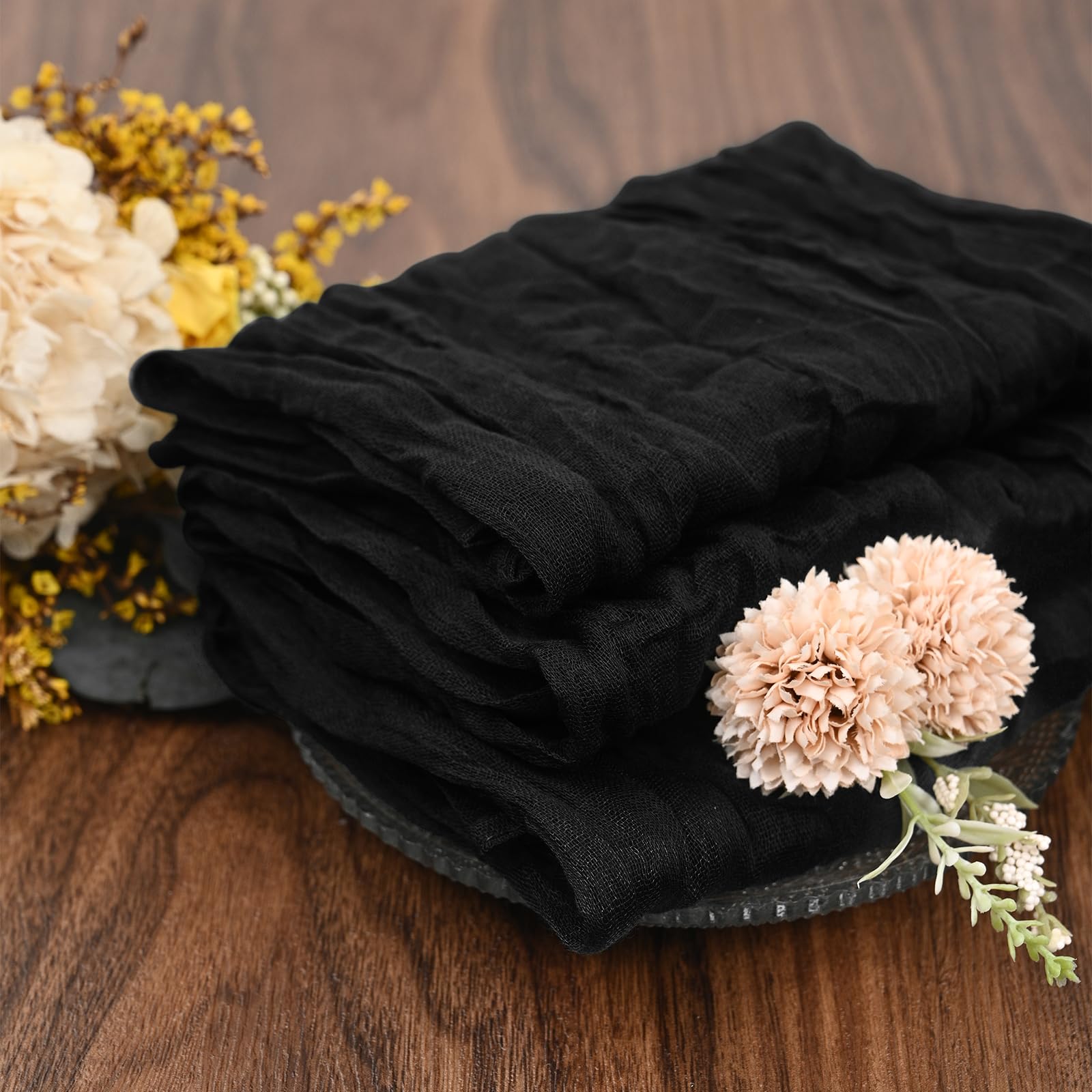 Paquete de 60 servilletas de gasa arrugadas, servilletas de tela de algodón suave, servilletas decorativas rústicas para bodas, fiestas, cenas, uso diario, 50 x 50 cm (negro)