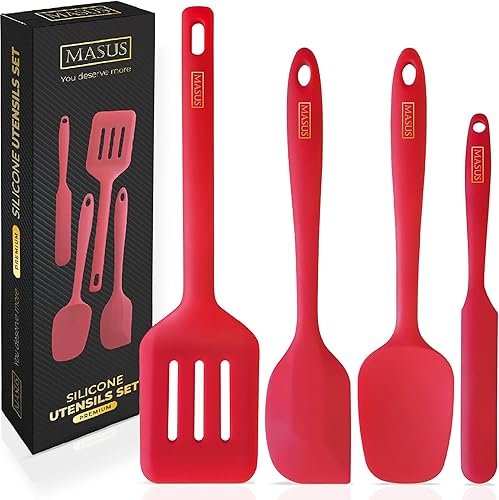 MASUS Juego de 4 espátulas de silicona con espátulas de goma con un girador para sartenes antiadherentes, juego de espátulas de goma resistentes al