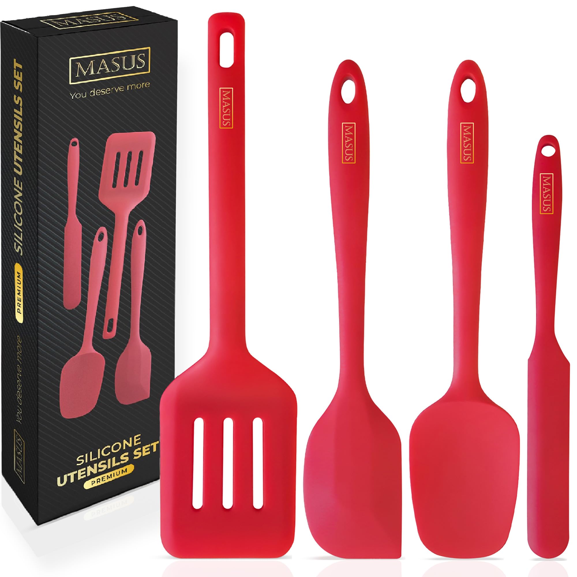MASUS Juego de 4 espátulas de silicona de goma con un volteador para sartenes antiadherentes, juego de espátulas de goma resistentes al calor 315.6 °C para hornear, espátula de plástico para cocinar