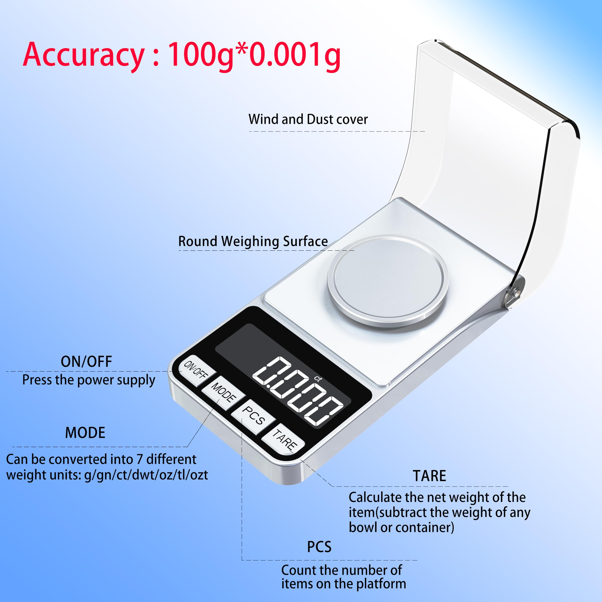 Báscula digital de miligramos recargable de alta precisión de 100 g/0,001 g, báscula de gramos, báscula de bolsillo, báscula de alimentos para medicina en polvo, oro, gema, recarga, con peso de