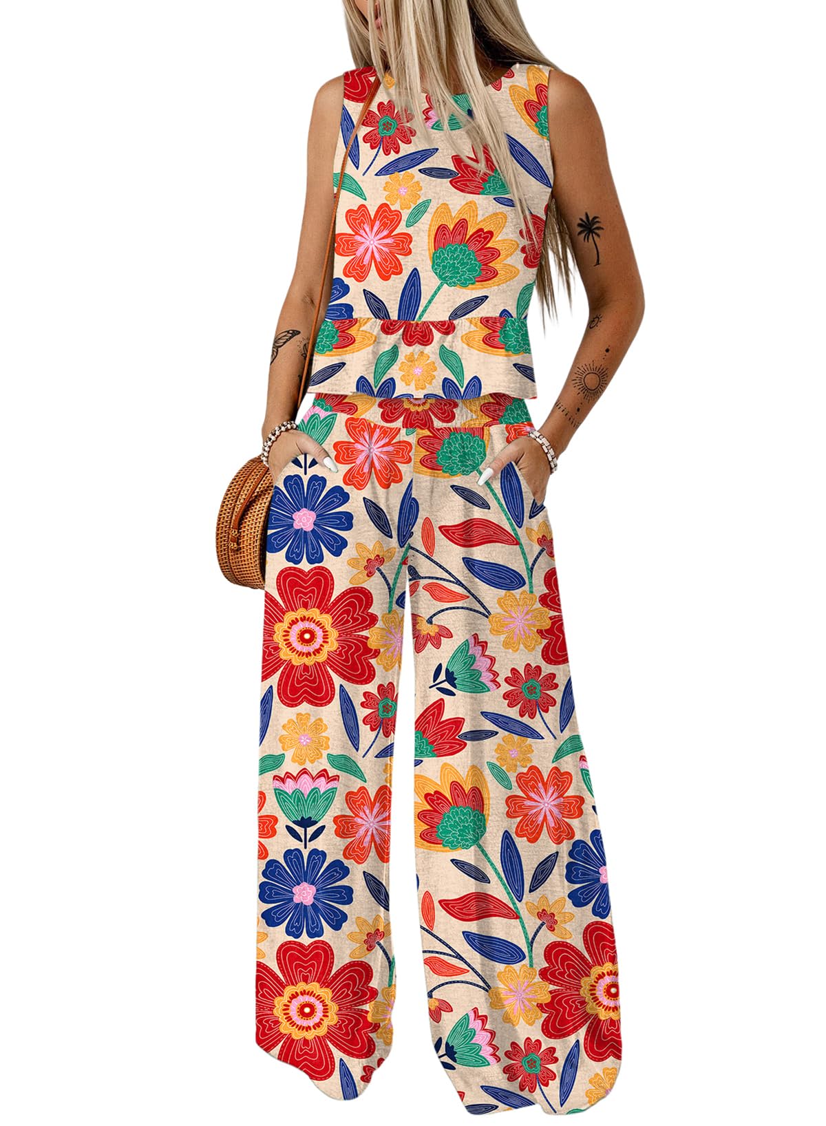 Dokotoo Womens 2 Piece Outfits Tank Tops Elastic Waist Wide Leg Pants Sets