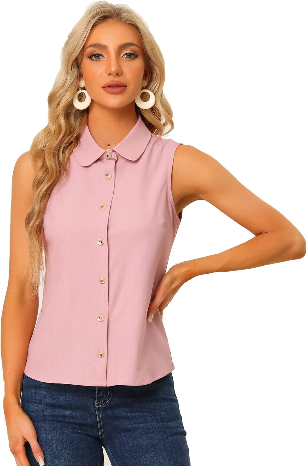 Allegra K Peter Pan Collar Chambray Blouse Shirt for Women's Casual Sleeveless Button Down Tank Top - Image 4