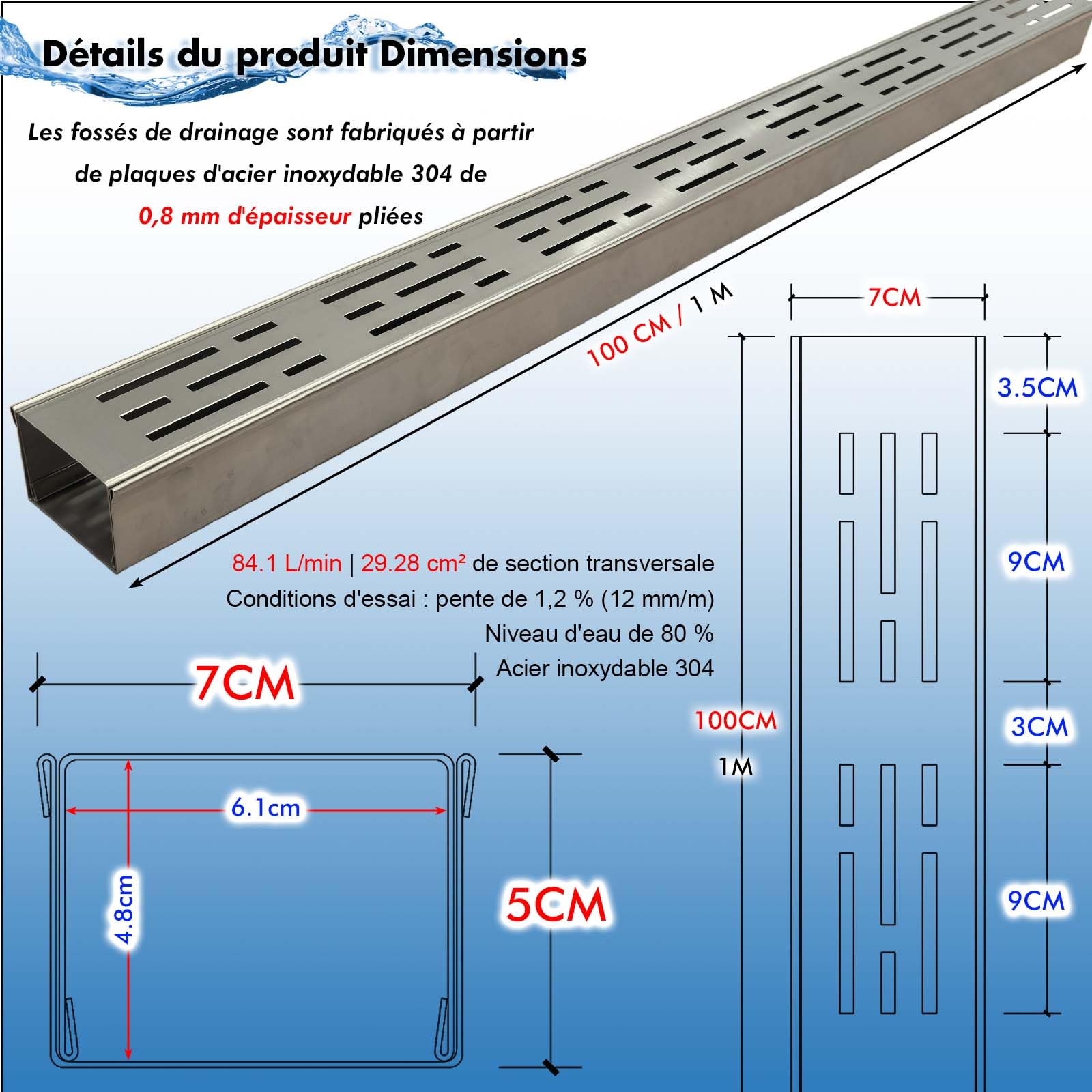 Caniveau Etroit Terrasse 7 Cm de Large, 1 M de Long, Caniveau Exterieur Extra Plat de ExtéRieur en Acier Inoxydable 304 avec Raccord, Canalisation de Drainage pour Balcon/Trottoir
