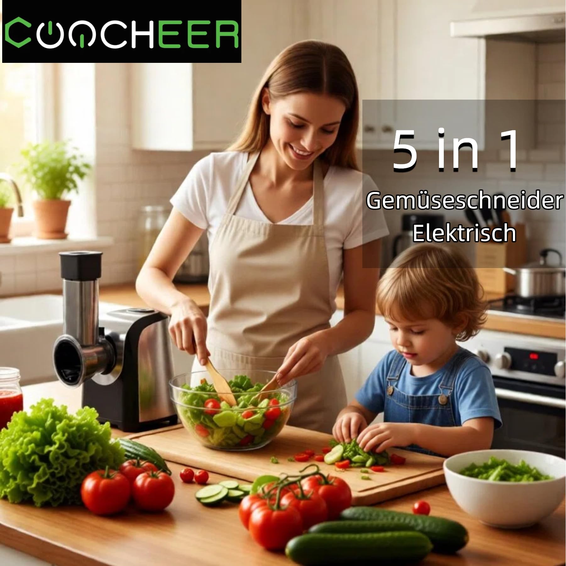 COOCHEER 5 in 1 Gemüseschneider Profi Elektrischer Gemüsehobel 150W | Multireibe mit 5 Schneidetrommeln für Obst, Gemüse & Käse. Leicht zu reinigen (spülmaschinengeeignet)
