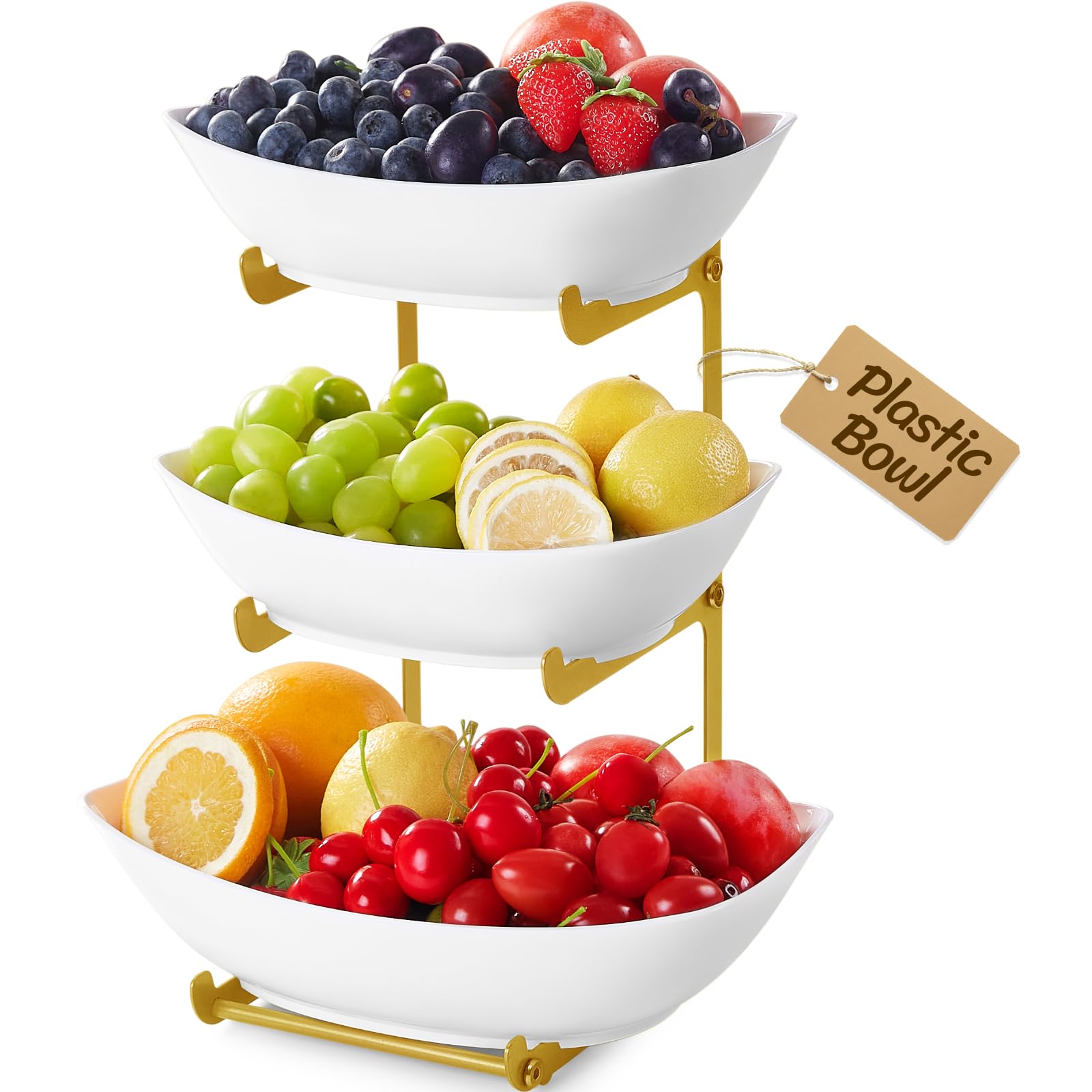 Lifewit Fruit Bowl, 3 Tier Fruit Holder for Kitchen Countertop, Plastic Food Basket with Metal Stand, Serving Tray for Food, Medium Capacity Snack Cake Berry Storage Rack in Party, White and Gold — image 1