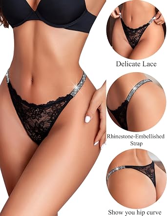 Avidlove Women Lace Thong Rhinestone Straps Sheer Lace Underwear Briefs