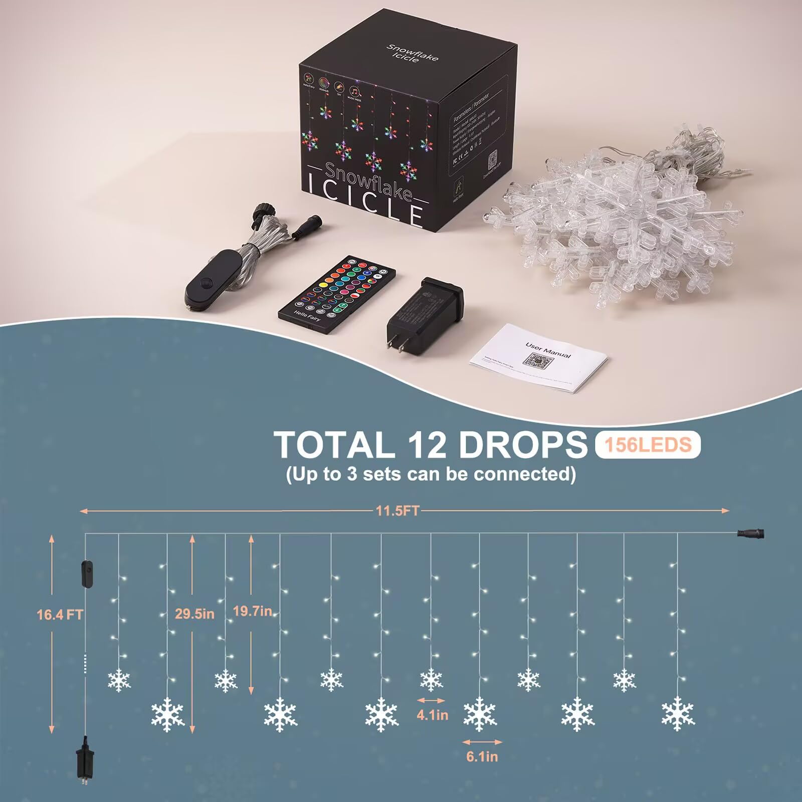 Smart Christmas Snowflake Icicle Lights, 11.5ft 156 LED 12 Drops