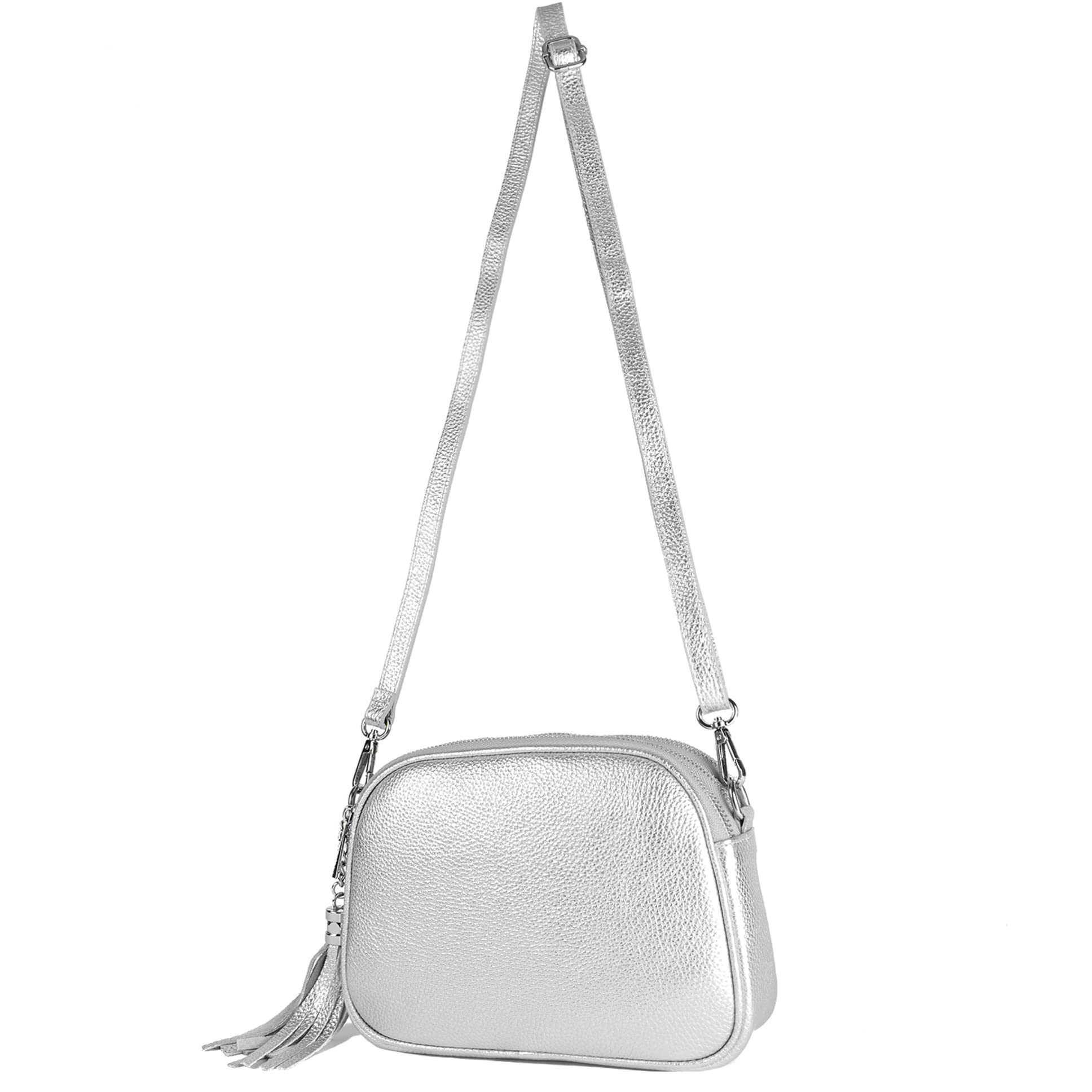 modamoda de - T238 - ital. Damen Umhängetasche Leder Medium, Farbe:Silber-Metallic