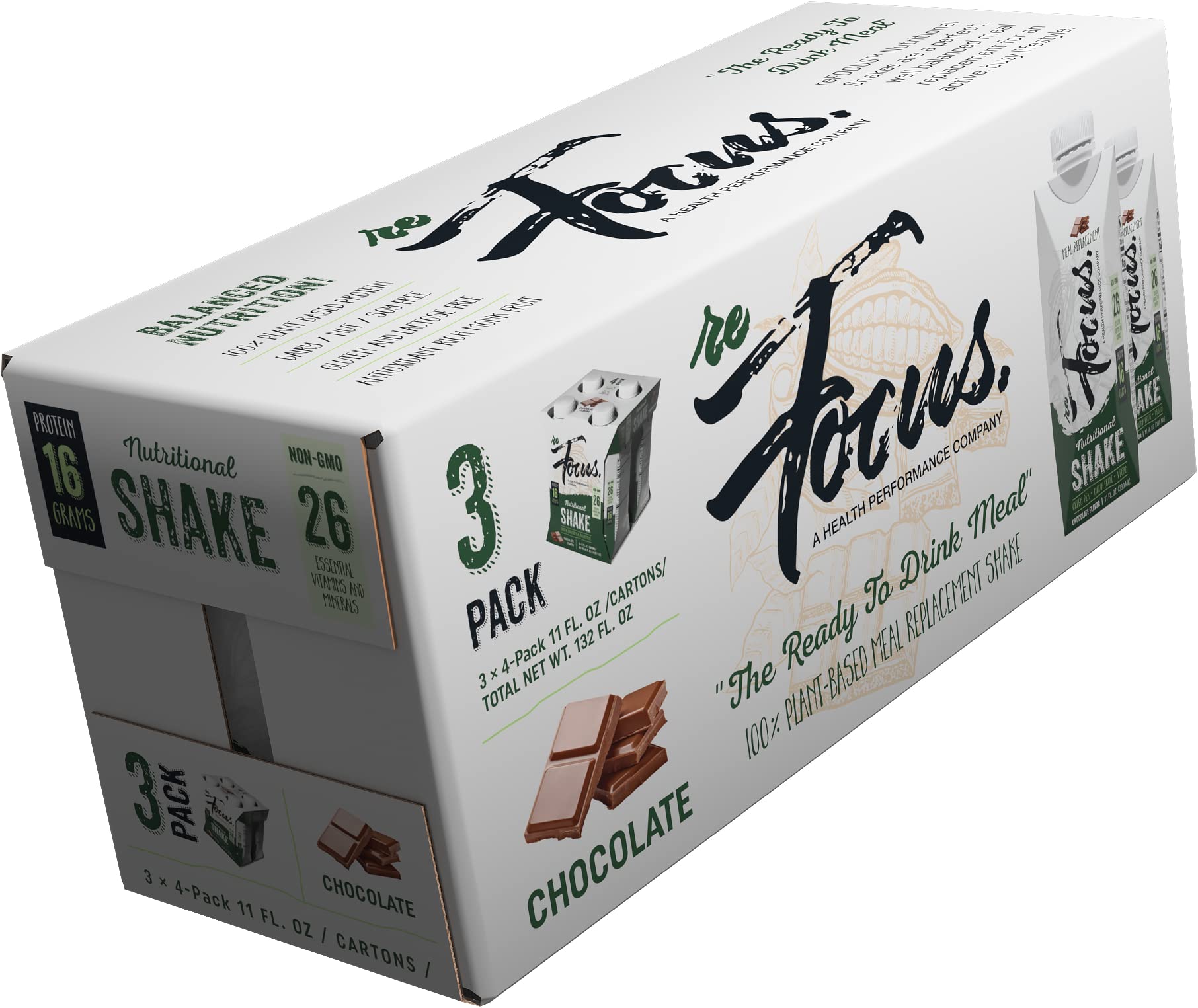 reFOCUS100% Plant-Based Meal Replacement Nutritional Protein Shake, Vegan, Chocolate, 16g Pea Protein, 26 Vitamins & Minerals, Soy-free, Gluten-free, Lactose-free, Dairy-free, Nut-free, Halal, Sweetened with Monk Fruit, Non GMO, 11Fl Oz (Pack of 12)