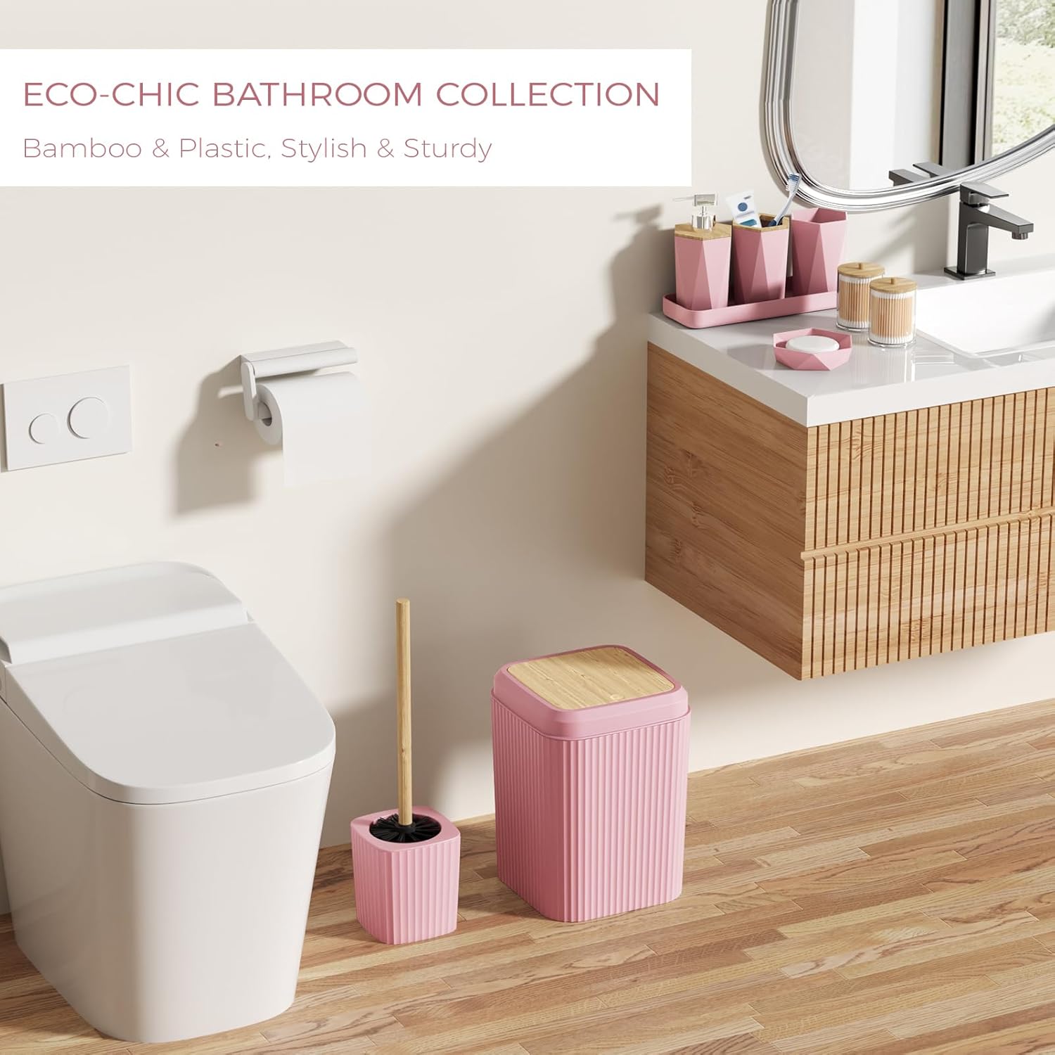 BSSN 10-Piece Pink Bathroom Accessories Set - Unbreakable Modern Bath Decor with Bamboo Accents - Includes Trash Can, Toilet Brush, Soap Dispenser, Tray, 2 Q-tip Holders - Complete Essentials