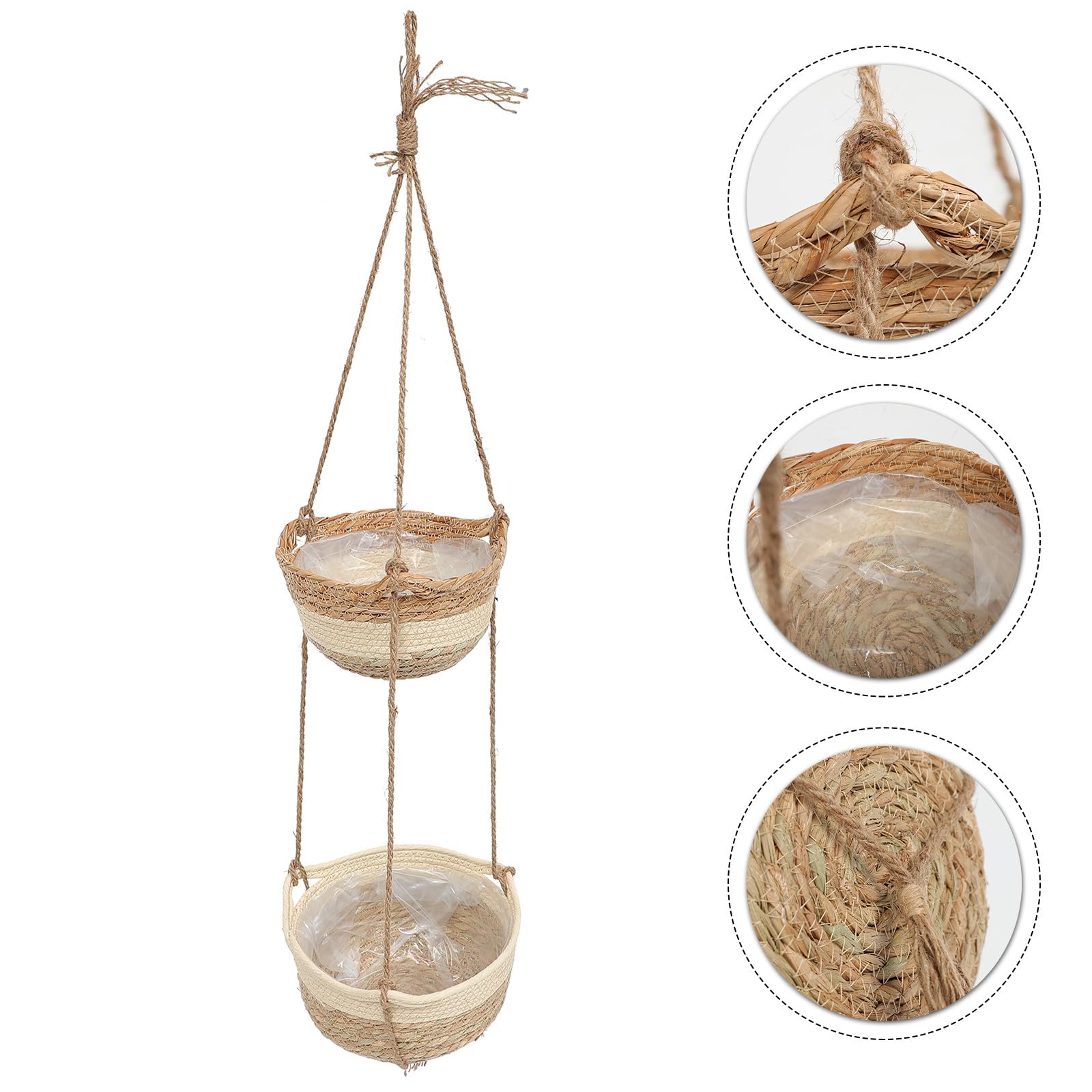 Homoyoyo Cesto Sospeso Intrecciato a 2 Livelli in Materiale Composito per Piante e Fiori, Sospensione per Soggiorno e Giardino, Design Artigianale in Corda Naturale