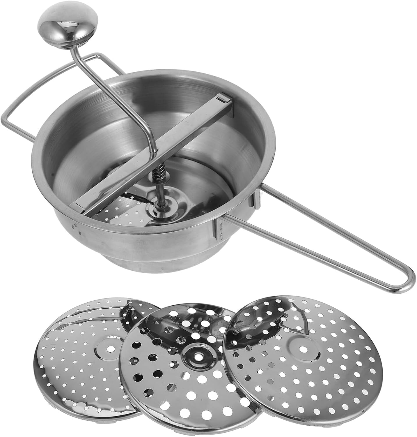 Stainless Steel Manual Potato Masher with Rotary Handle and Interchangeable Grinding Discs for Mashing Potatoes Fruits and Vegetables Food Mill for Smooth Purees and Jams