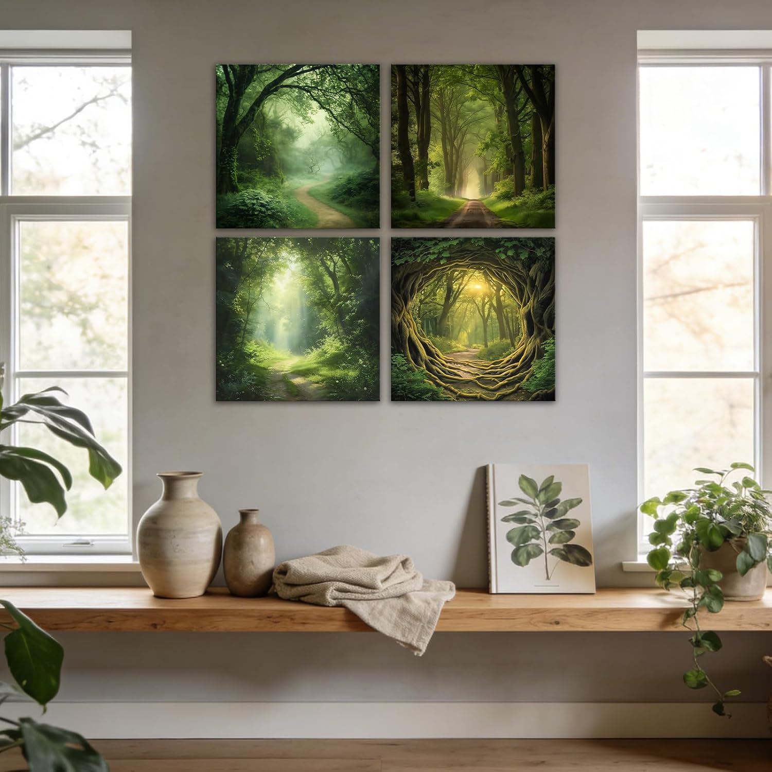 GLOKAKA 4 Piece Green Forest Canvas Wall Art Nature Landscape Pictures Wall Decor Forest Path Painting Prints for Living Room Home Office Ready to Hang(Artwork-1,24"x24"x4pcs)