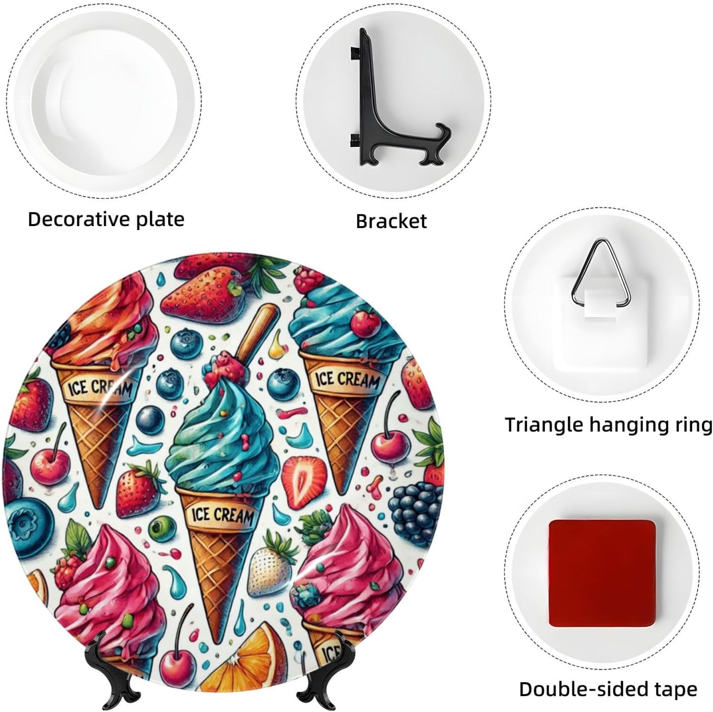 Colorful-Ice-Cream 10 Inch Decorative Plate With Stand, Elegant Display Wall Plate For Home Decor
