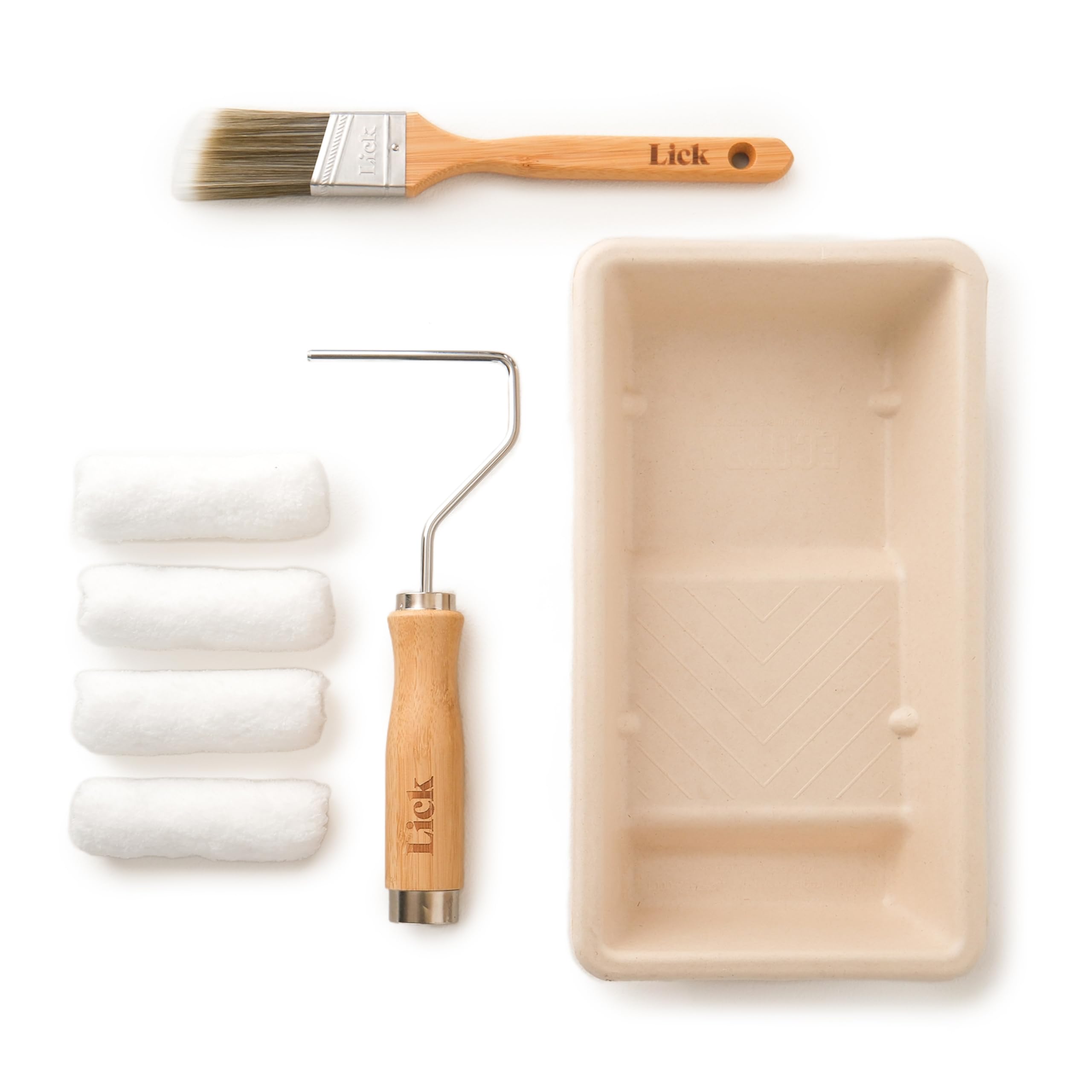 Lick Decorating Tools Set – 1.5-inch Angle Paint Brush, 4-inch Paint Roller, Paint Tray, 4X Roller Sleeves, Paint Roller Set, Bamboo Handles, Painting and Decorating Tools Kit