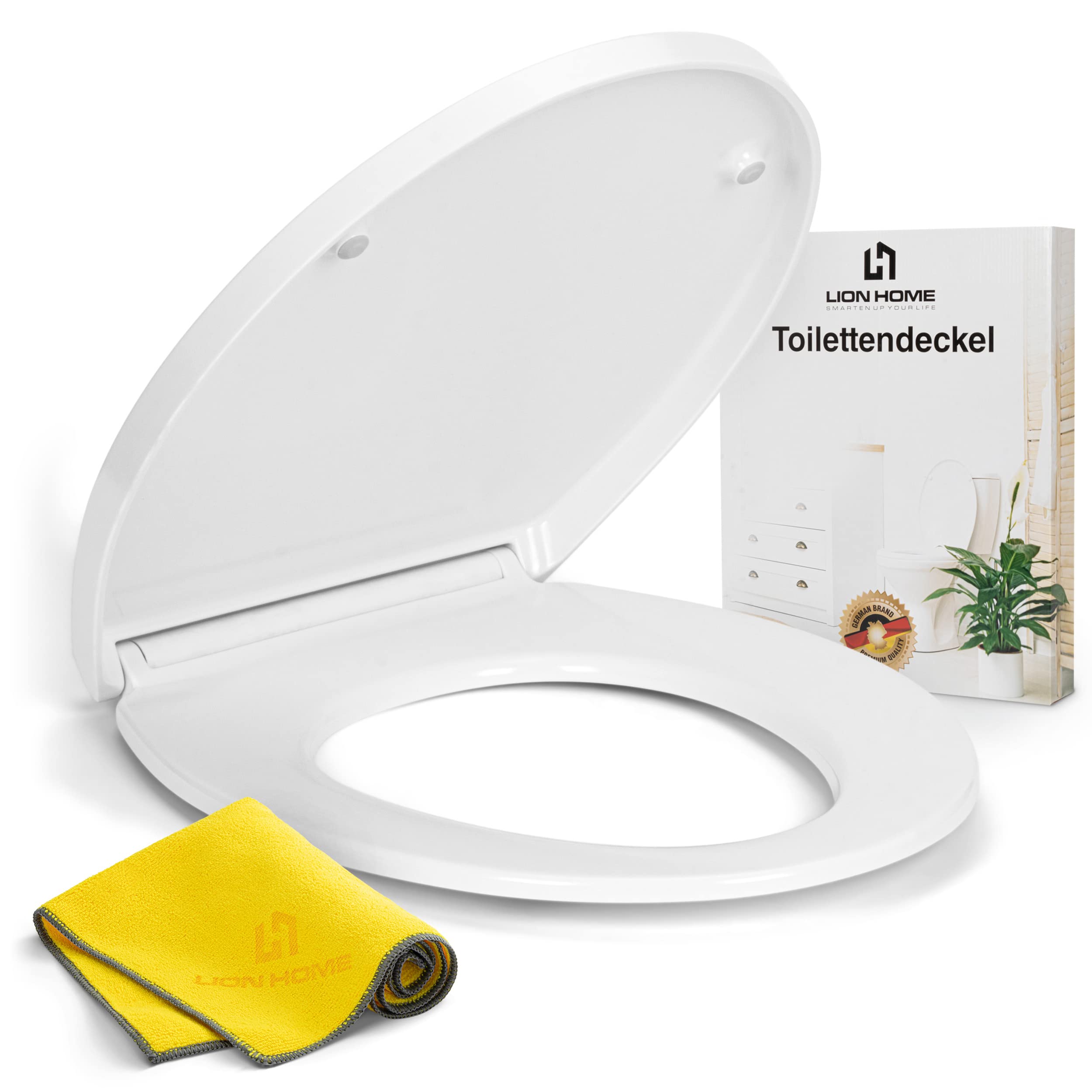 LION HOME Premium Toilettendeckel | mit Absenkautomatik | Inkl. gratis Mikrofasertuch | Leichte Montage | Aus antibakteriellem Urea-Duroplast | Bis zu 150 kg belastbar