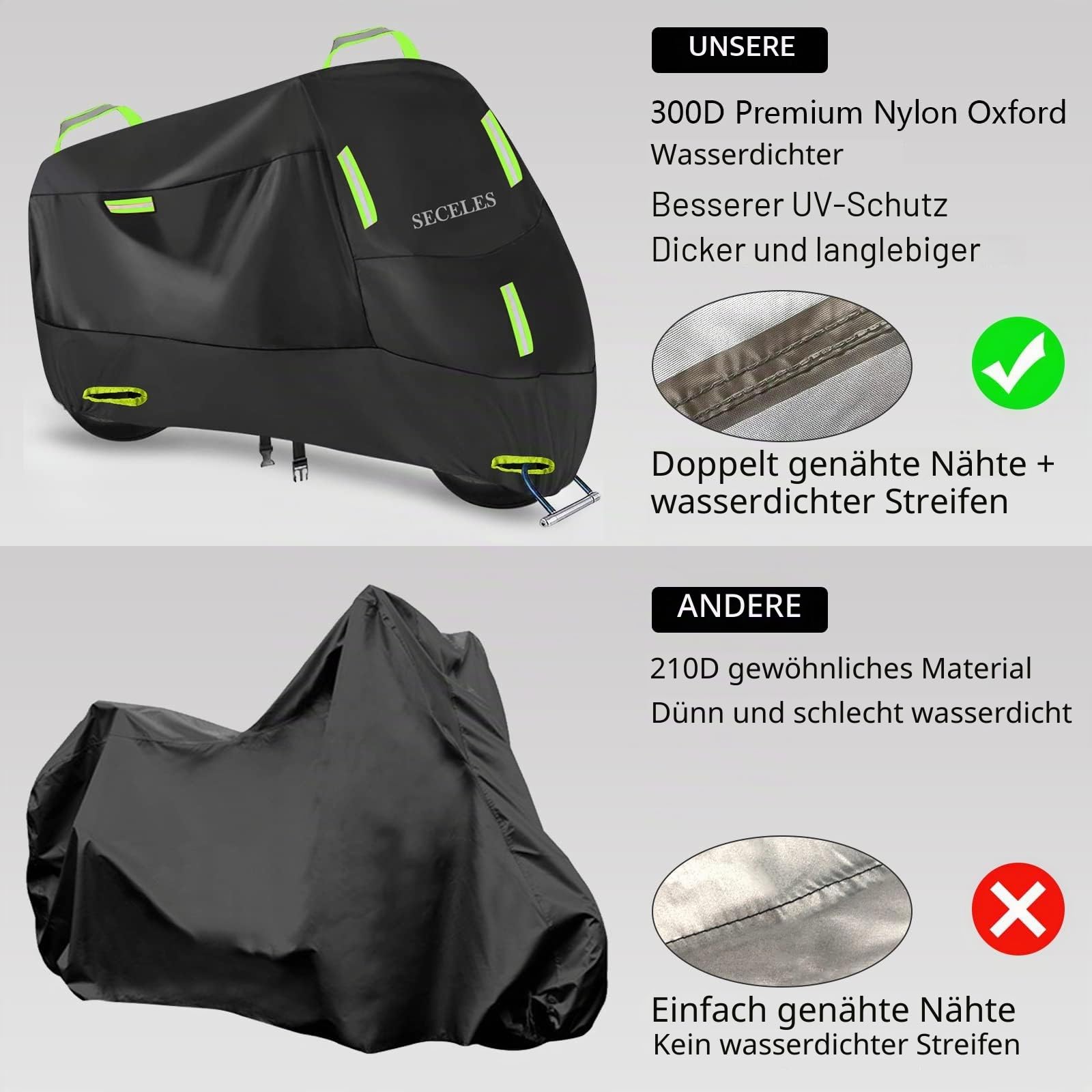 Motorrad Abdeckplane 300D Oxford 4XL 295x95x140cm | Mit Griff und Reflexstreifen, Wasserfest, staubfest, windfest & schneefest, Geeignet für Innen- und Außenbereich