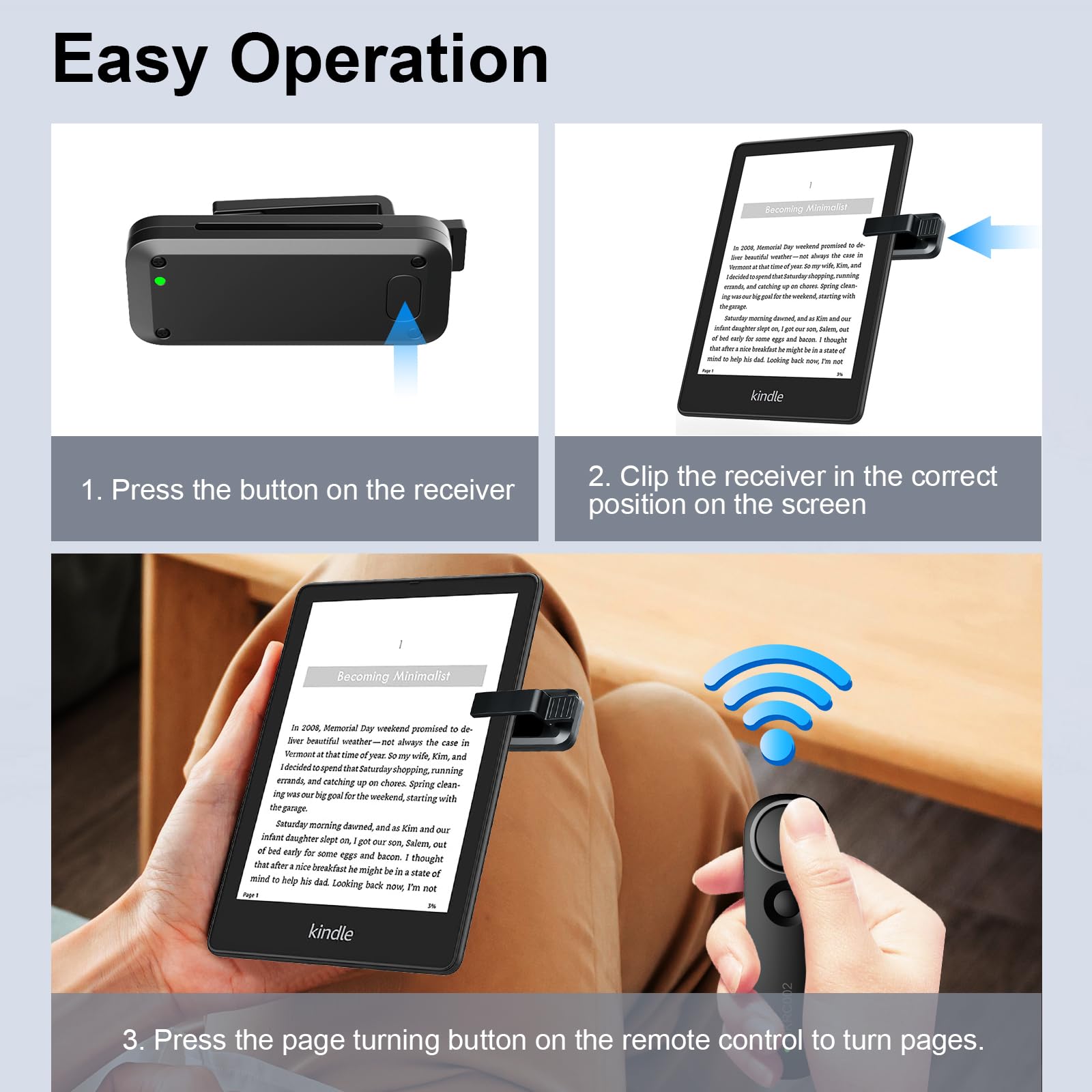 Télécommande Tourne Page Commande pour la Lecture Kindle Paperwhite Oasis Scribe eReaders, Accessoires pour la Kindles, Tourneur de Pages E-Reader de iPad iPhone Tablettes, Noir