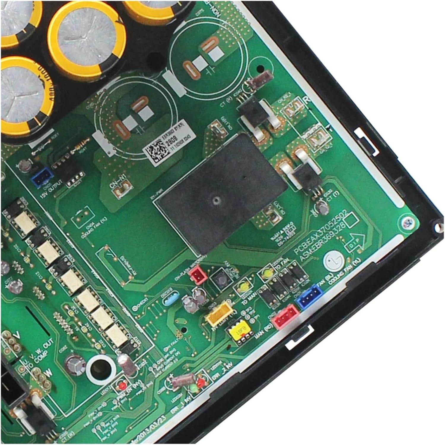 Close-up of various connectors and smaller components on the PCB