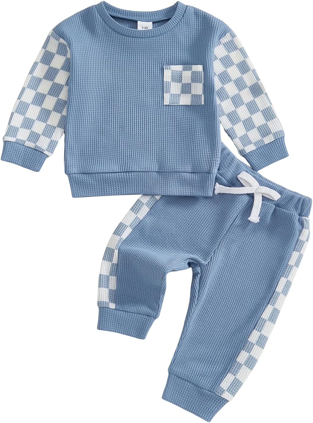 Sejardin Toddler Baby Boy Waffle Clothes Contrast Color Fall Winter Outfit Long Sleeve Sweatshirt and Stretch Pants 2Pcs Set