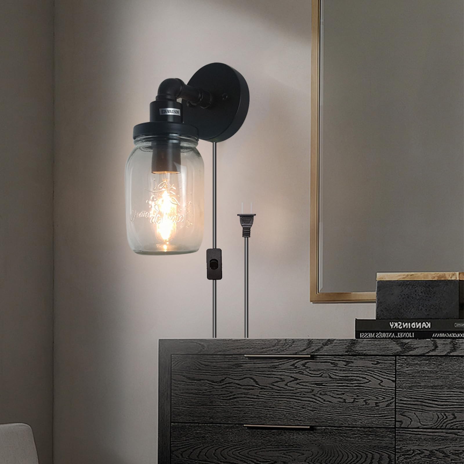 Vintage E27 Innen Wandlampe mit Stecker und Schalter Wandleuchte mit Kabel Steckdose Wandbeleuchtung Industrial Retro Wandleuchten Eisen Glas für Wohnzimmer Schlafzimmer Loft (2 Stück)