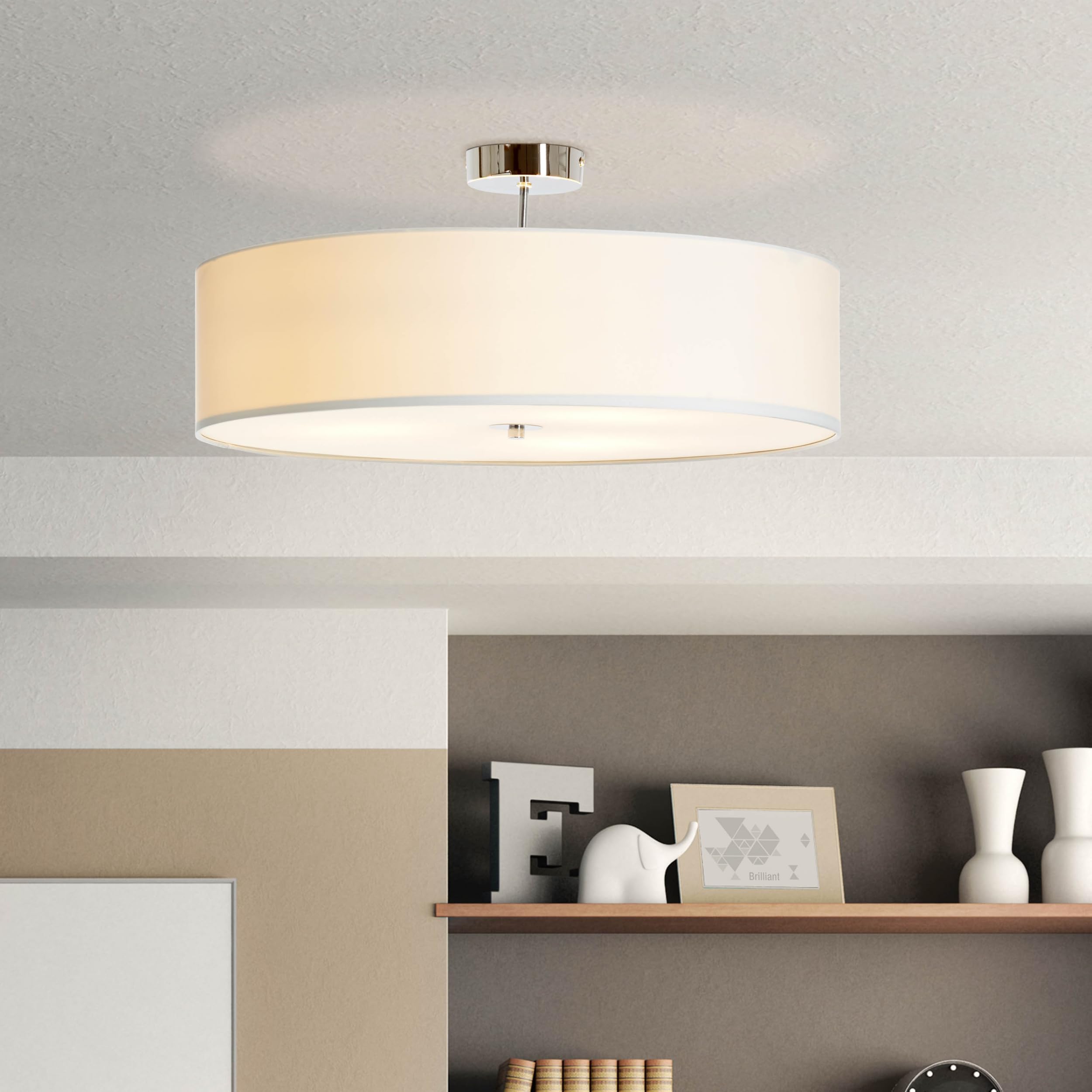 Modern 3-Bulb Ceiling Light with Textile Shade, 3 bulb, Diameter: 60 cm, Uses 3 x E27 Bulbs, 60 W Maximum, Metal / Textile, Chrome and White [Energy Class A++]