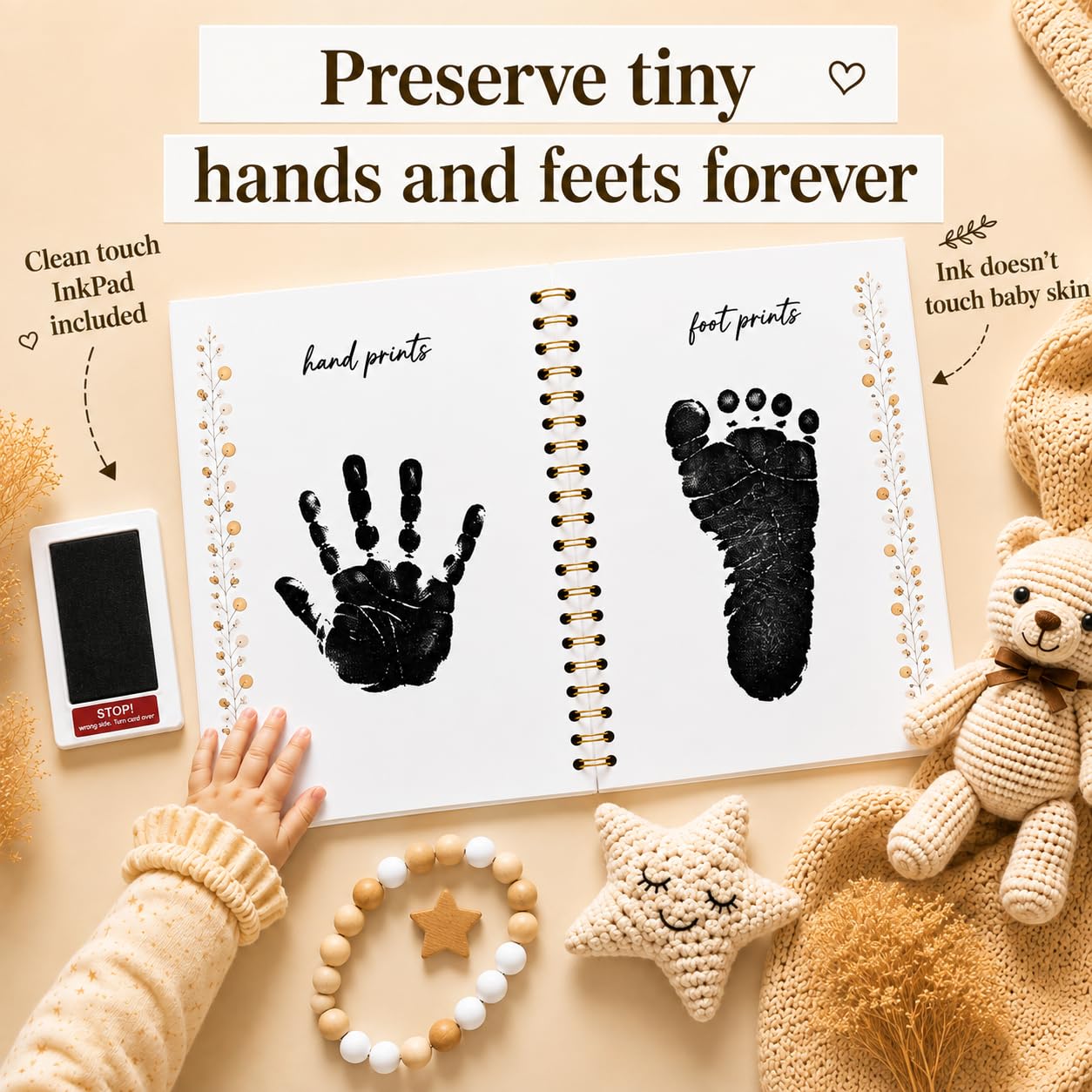 Baby-Erinnerungsbuch für Jungen oder Mädchen, Babybuch, Andenken mit Stempelkissen und zwei personalisierten Rahmen, halten Sie jedes Ereignis von der Geburt bis zum 5. Lebensjahr fest