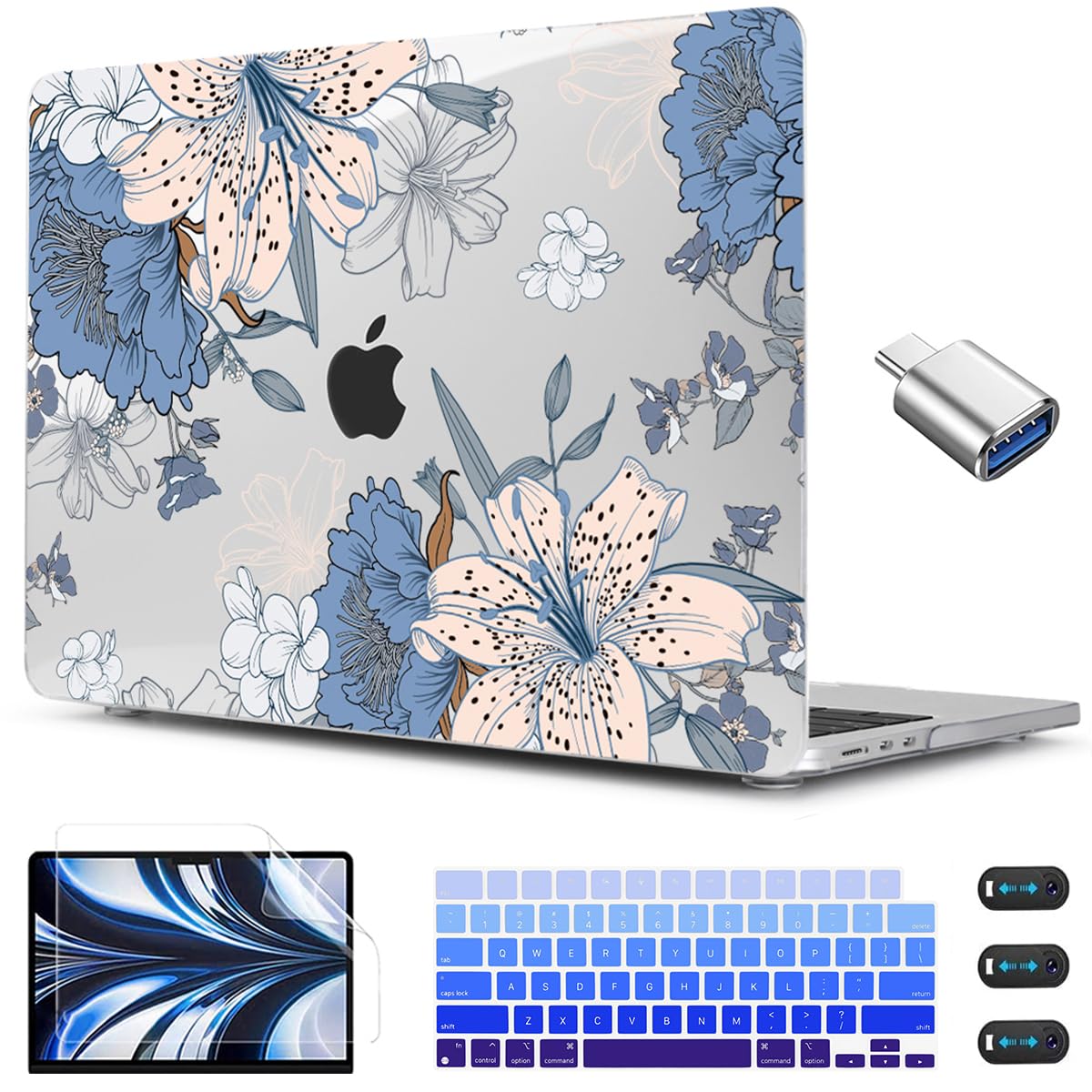 CISSOOK Compatible with MacBook Air 13.6 inch Case 2026 2025 2024 2022 Release A3449 A3240 A3113 A2681, Lily Flowers Hard Shell Keyboard Cover Screen