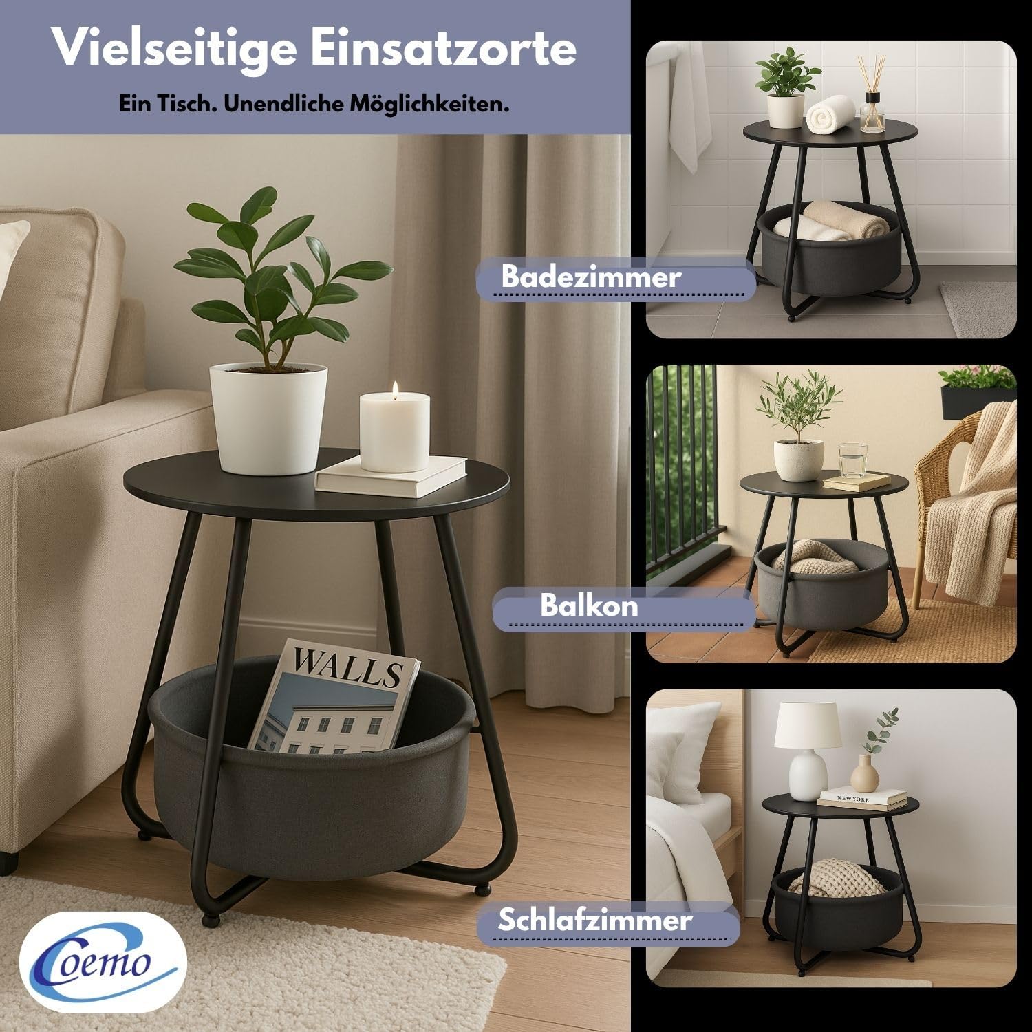 Coemo Couchtisch KOSI aus Metall Ø45x45cm mit Aufbewahrungskorb, Schwarz