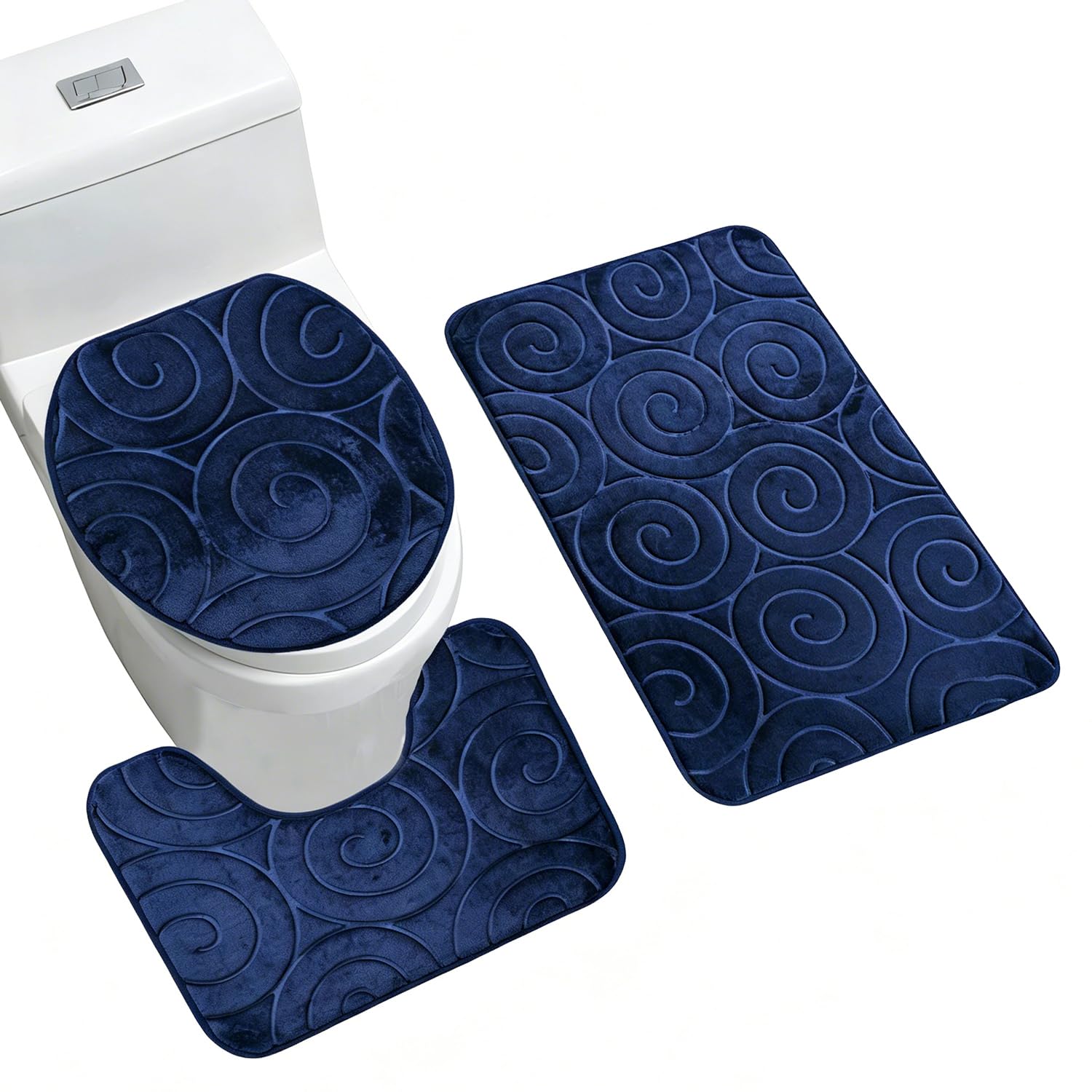 Tissting 3 Pcs Bathroom Mat Set Non Slip Toilet Mat Absorbent Bath Rug Stone Embossed U Shaped Toilet Pedestal Mat with Toilet Lid Cover for Bathroom