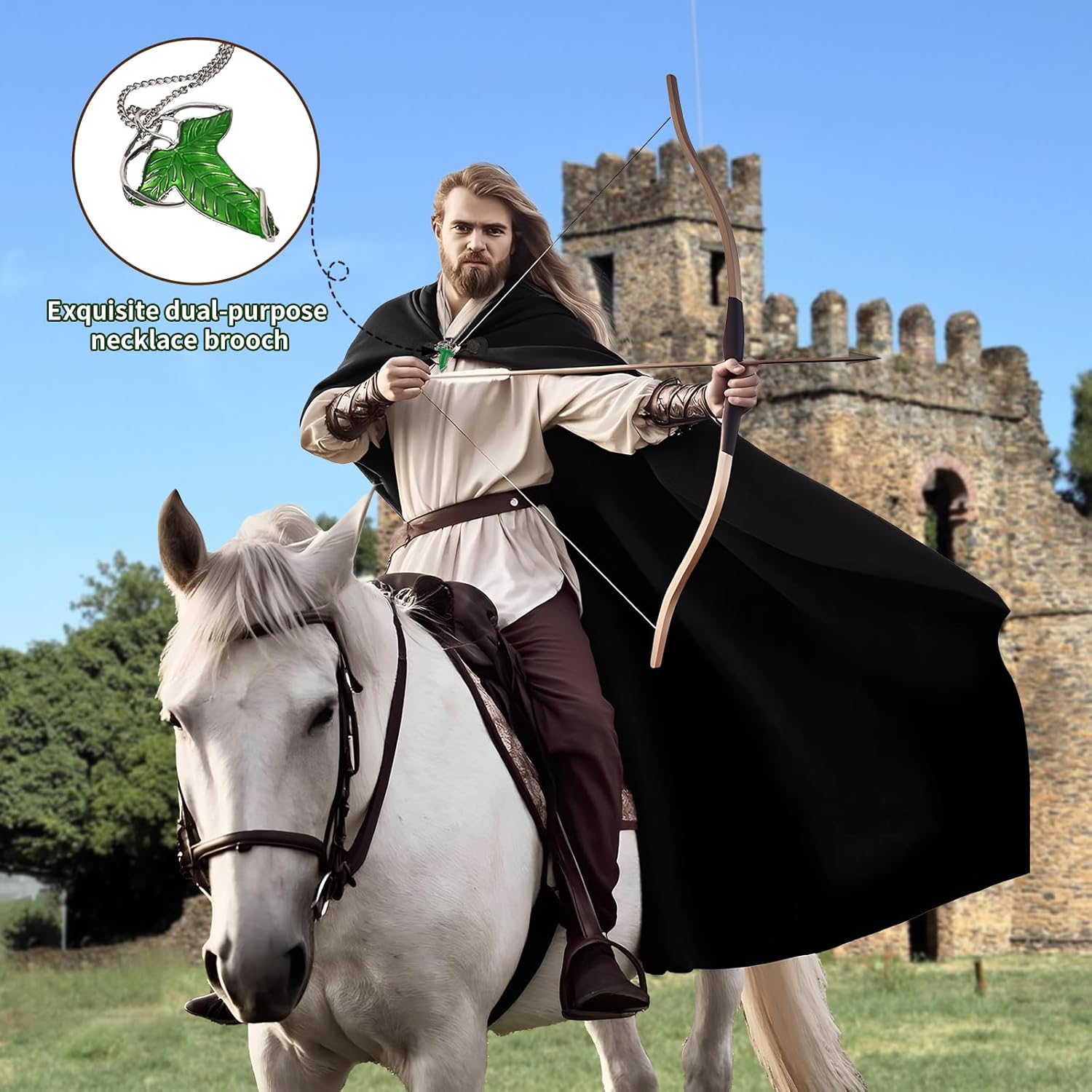 Medieval Cloak Men, Renaissance Costume Cloak with hood and Green Leaf Brooch Necklace for Halloween Cosplay Party. - Image 3