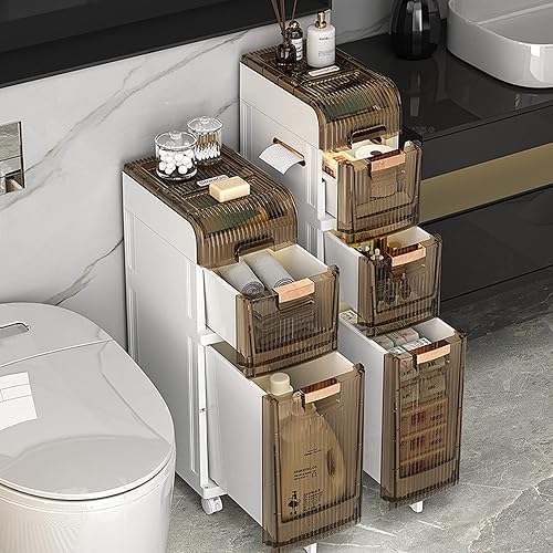 Miniatura 5 de Armario de almacenamiento estrecho de baño de 2 niveles, organizador impermeable con cajones y asas para espacio pequeño, soporte de papel higiénico