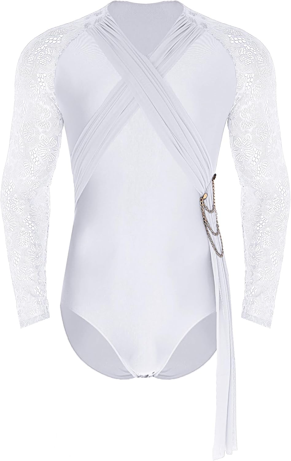 JEYPINMI Men's Latin Dance Bodysuit Sheer Floral Lace Long Sleeve Leotard with Drape & Chain Tassel for Ballet