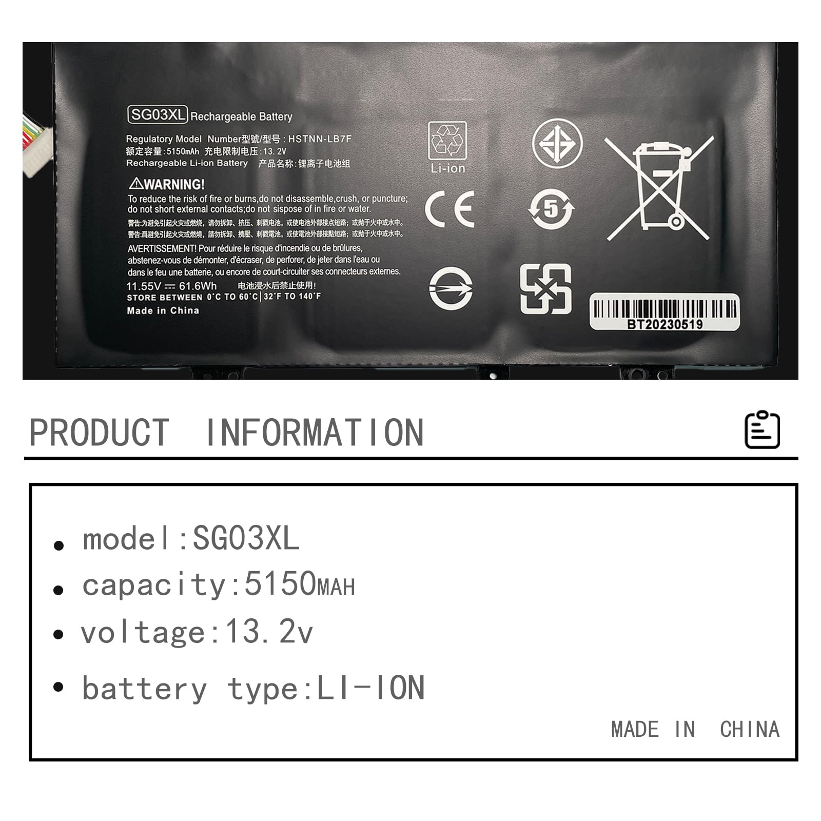 SG03XL SGO3XL SG03061XL Laptop Battery Replacement for HP Envy 17-U000 M7-U000 17-U275CL U177CL U273CL U163CL U175NR U153NR U110NR U011NR U108CA M7-U109DX U009DX 17T-U000(11.55V 5150mAh 61.6Wh)