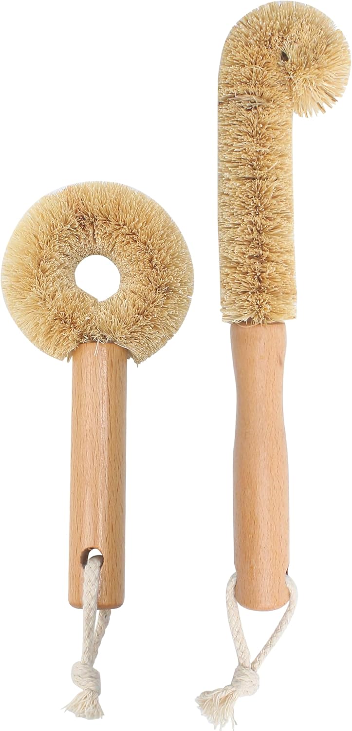 2PCS Coconut Brush Fiber Bottle Wooden Cleaning Brush, Scrub Head for Deep Pan Cleaning Washing, Sturdy Eco-Friendly with Natural Wood Handle Holder, Bristle Scrubber Set for Kitchen Dishes Vegetable