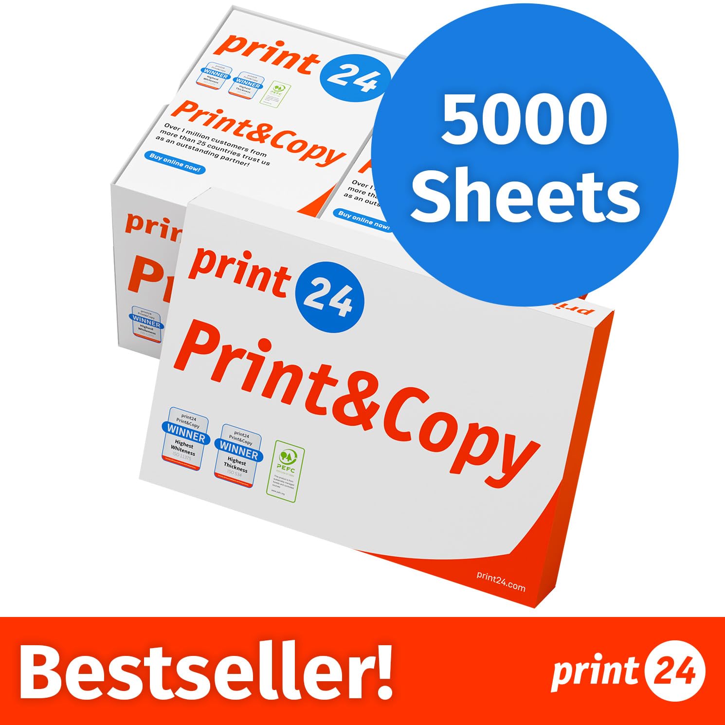 Papier do drukarki, papier do kopiowania, 5000 arkuszy, 10 x 500 A4, 80 g, wysoka biel, CIE 160, zwycięzca testu PEFC, certyfikat ekologiczny
