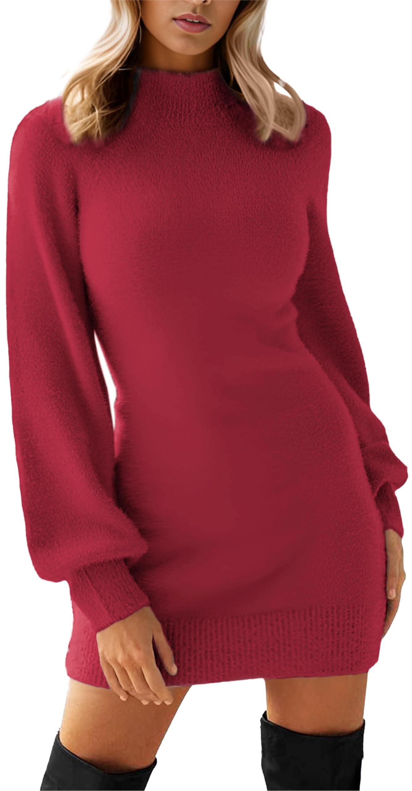 GRECERELLE 2026 Women's Mock Neck Ribbed Long Sleeve Bodycon Pullover Cute Mini Sweater Dress (XS-2XL)