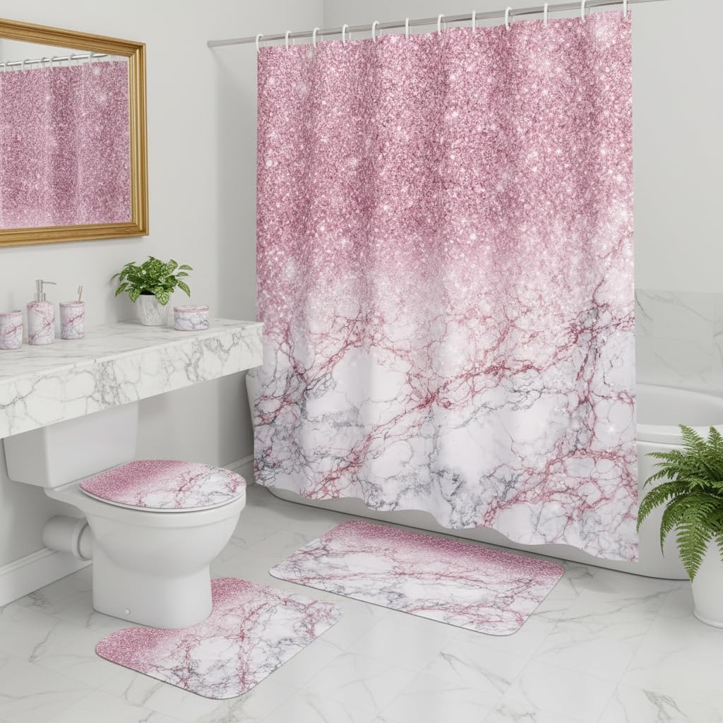 4Pcs Pink Glitter Marble Shower Curtain Sets, Romantic Gradient Sparkle Bathroom Decor Sets with Shower Curtain(70X70 inch), Toilet Lid Rug, Contour Mat and Bath Rug(17X29 inch)