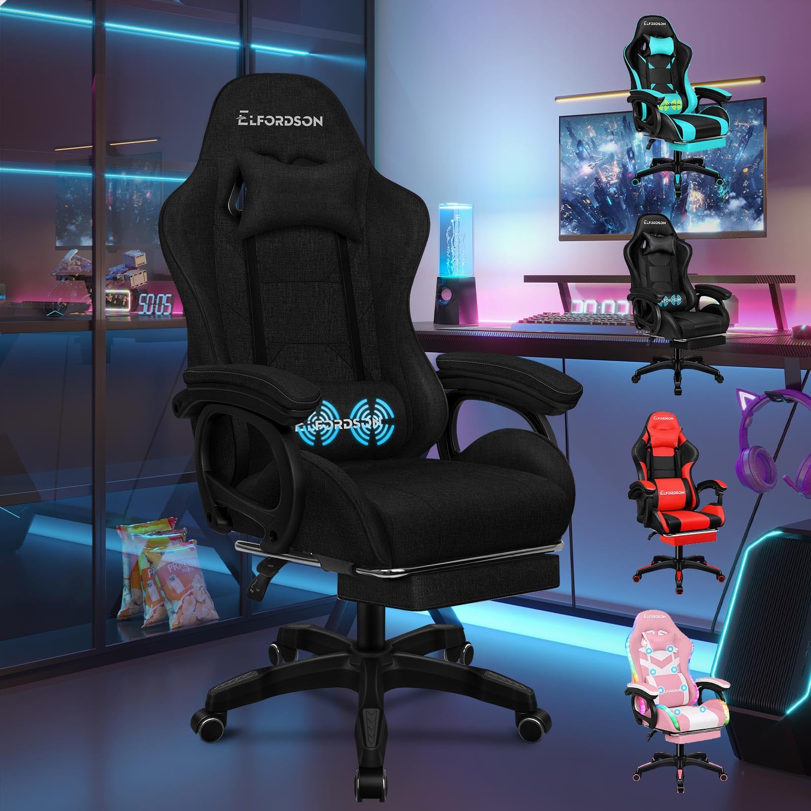 ELFORDSON Gaming Chair with 2-Point Massage Lumbar Support, Computer Desk Chairs for Home Office, Head Pillow High Back 150° Recliner Armrests Footrests, 180KG Loads, Fabric Linen, Black