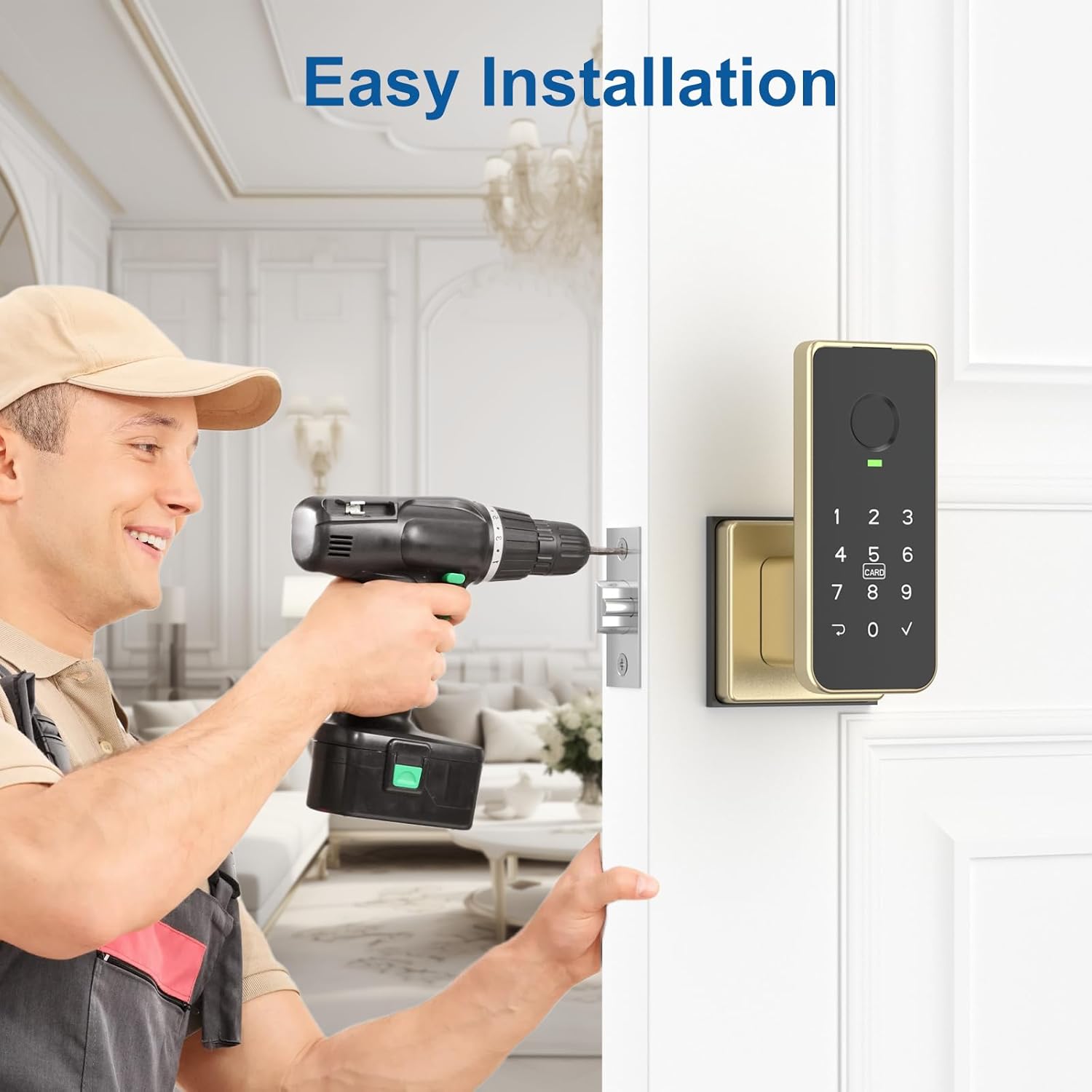 Foxgard Fingerprint Door Lock – 5-in-1 Biometric Smart Lock with Keypad, App Control, Key, Auto-Lock, Electronic Anti-Lock – Keyless Entry for Bedroom, Office, Indoor Use – Gold