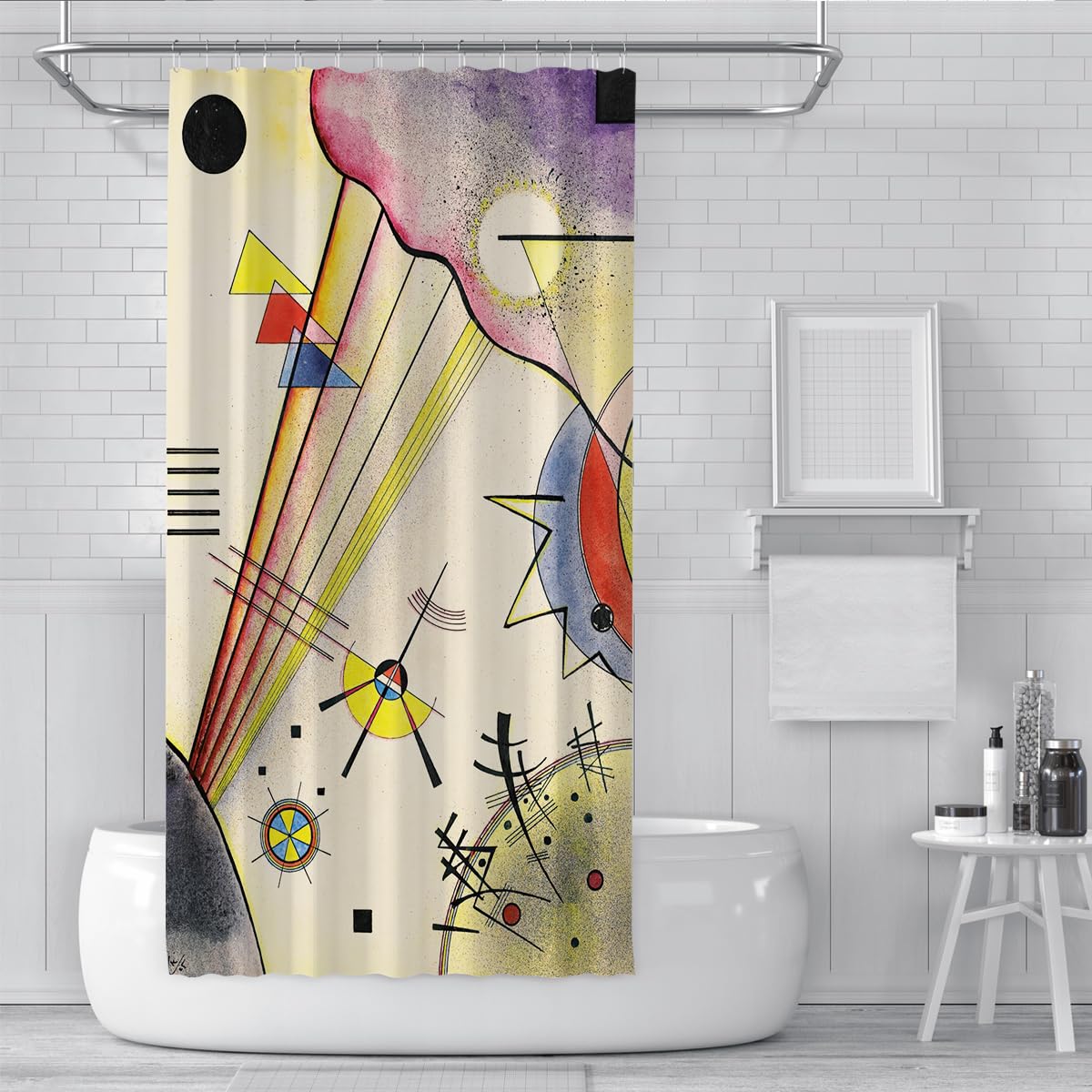 Abstrakter geometrischer Duschvorhang mit Kreisen, Dreiecken und Punkten, bunter Badevorhang, moderner, minimalistischer Badezimmer, dekorativer, waschbarer Polyester. 180 x 220 cm