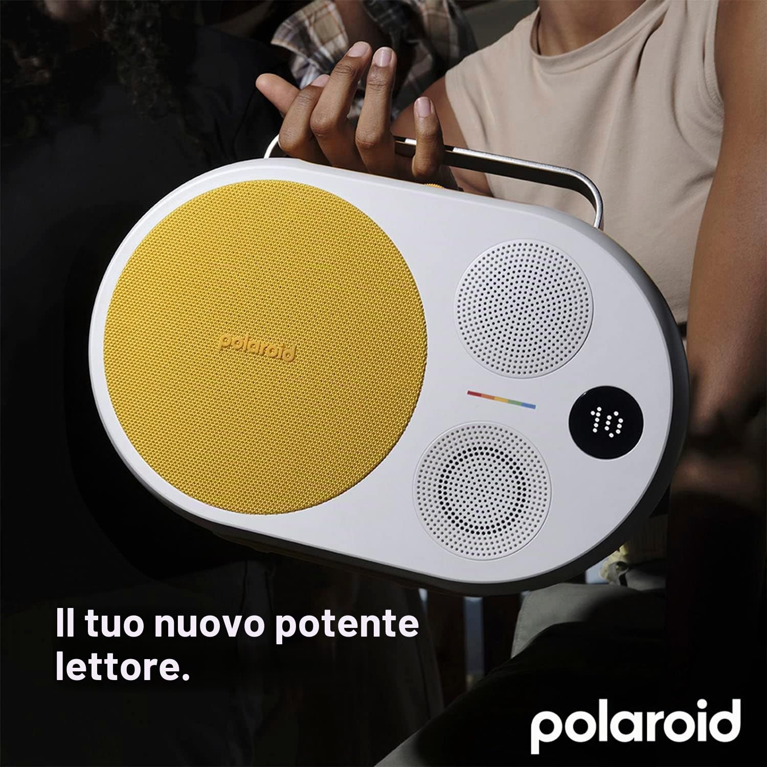 Polaroid Lettore musicale P4 (giallo) - Potente altoparlante Bluetooth wireless per grandi stanze ricaricabile con doppio accoppiamento stereo