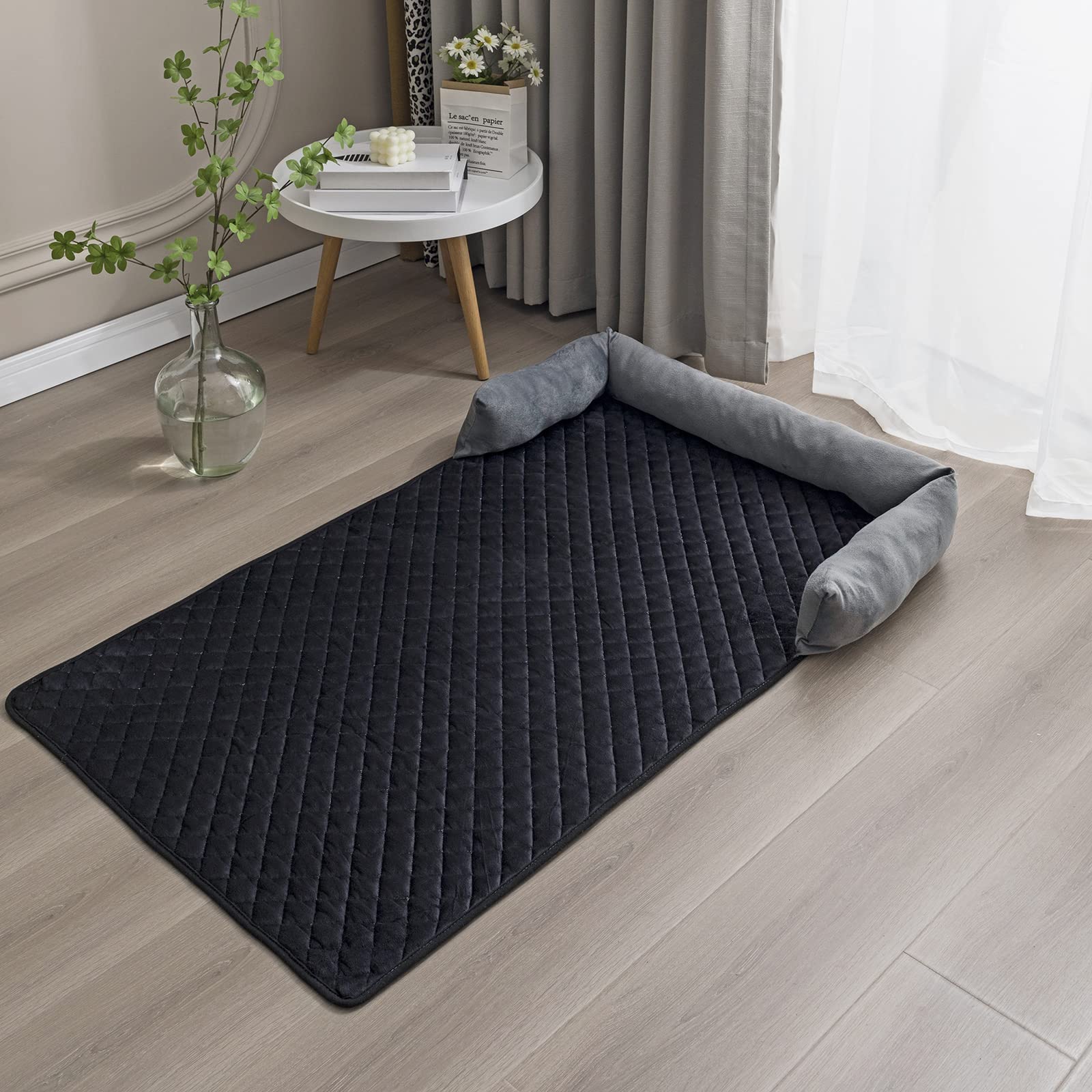 Hundebett Sofa Matte - weicher Samt rutschfest waschbar Haustier Katze Hundebett Sofa-Kissen-Pad mit Kissen für Möbel Protrctor, perfekt für große mittlere kleine Hunde Katzen (90x120cm, Grey Black)