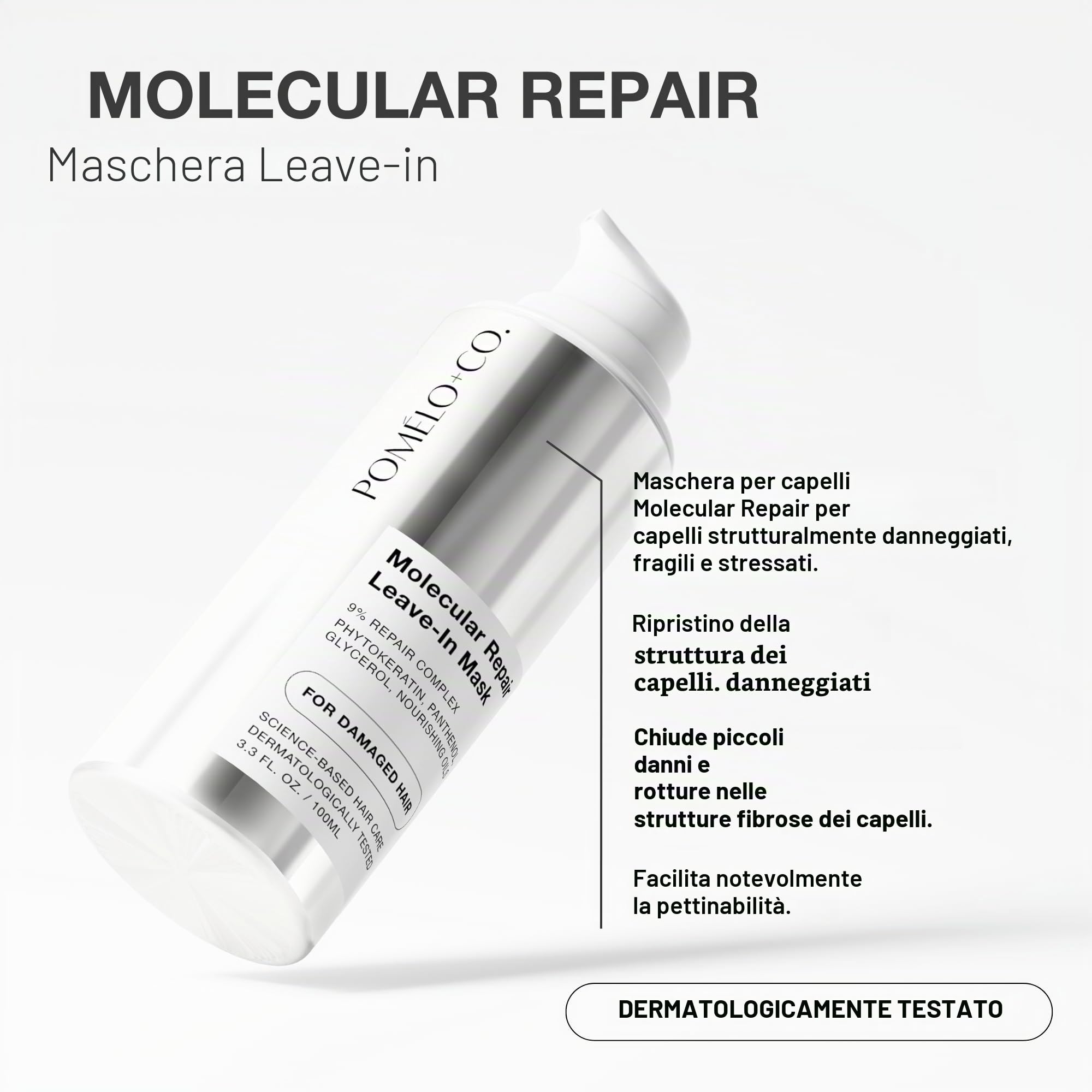 Maschera leave-in Pomélo+Co con esclusivo repair complex al 9% per un’intensa luminosità a lunga durata/Trattamento per capelli danneggiati e fragili/Molecular Repair Leave-in Mask 100 ml